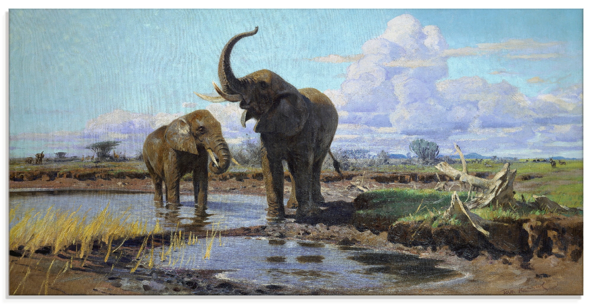 Black Friday Artland Glasbild »Elefanten an der Wasserstelle.«, Wildtiere, (1  St.), in verschiedenen Größen | BAUR