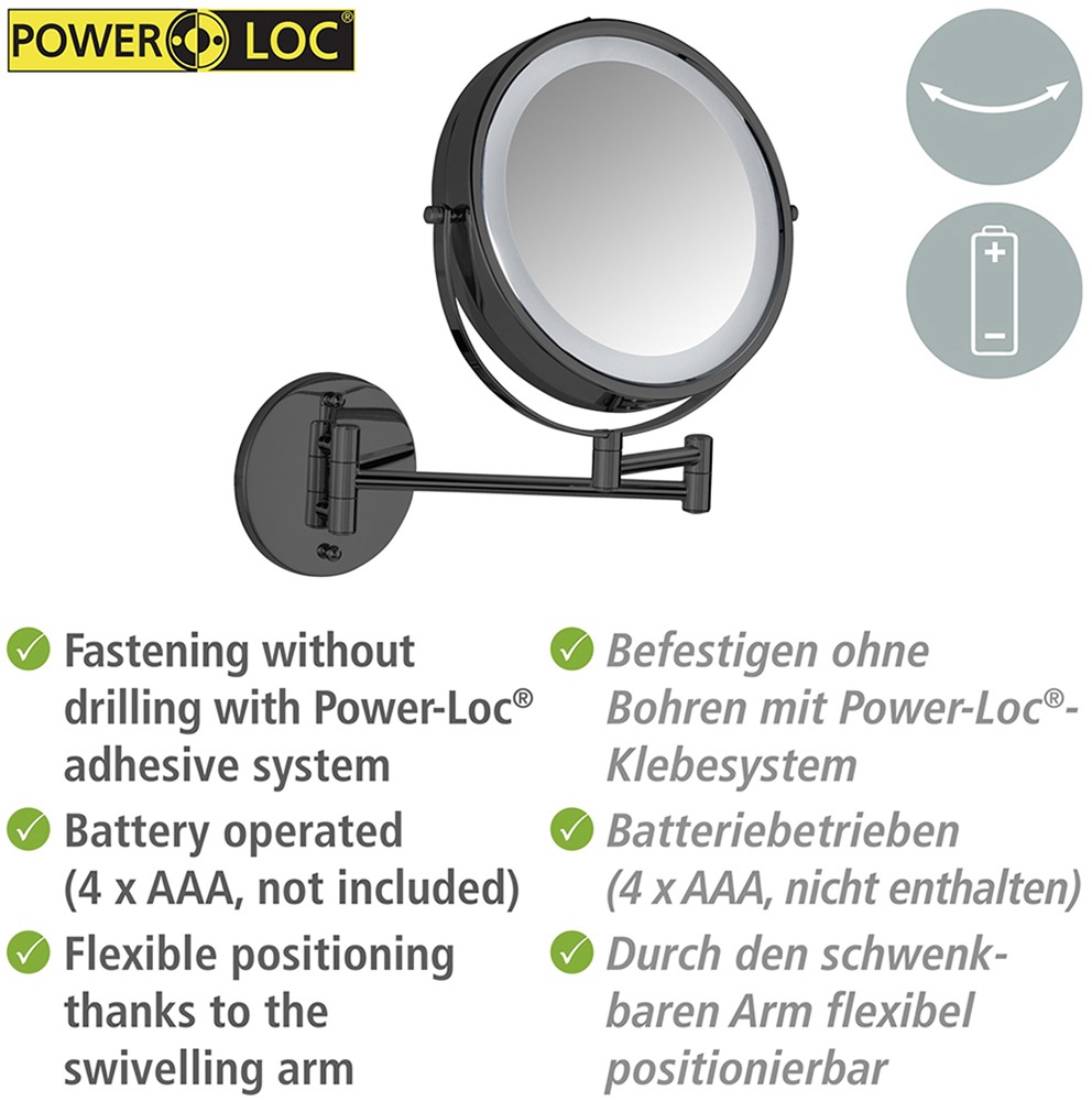 Wenko Power-Loc® LED Wandspiegel Lumi Schwarz mit 5-fach Vergrößerung