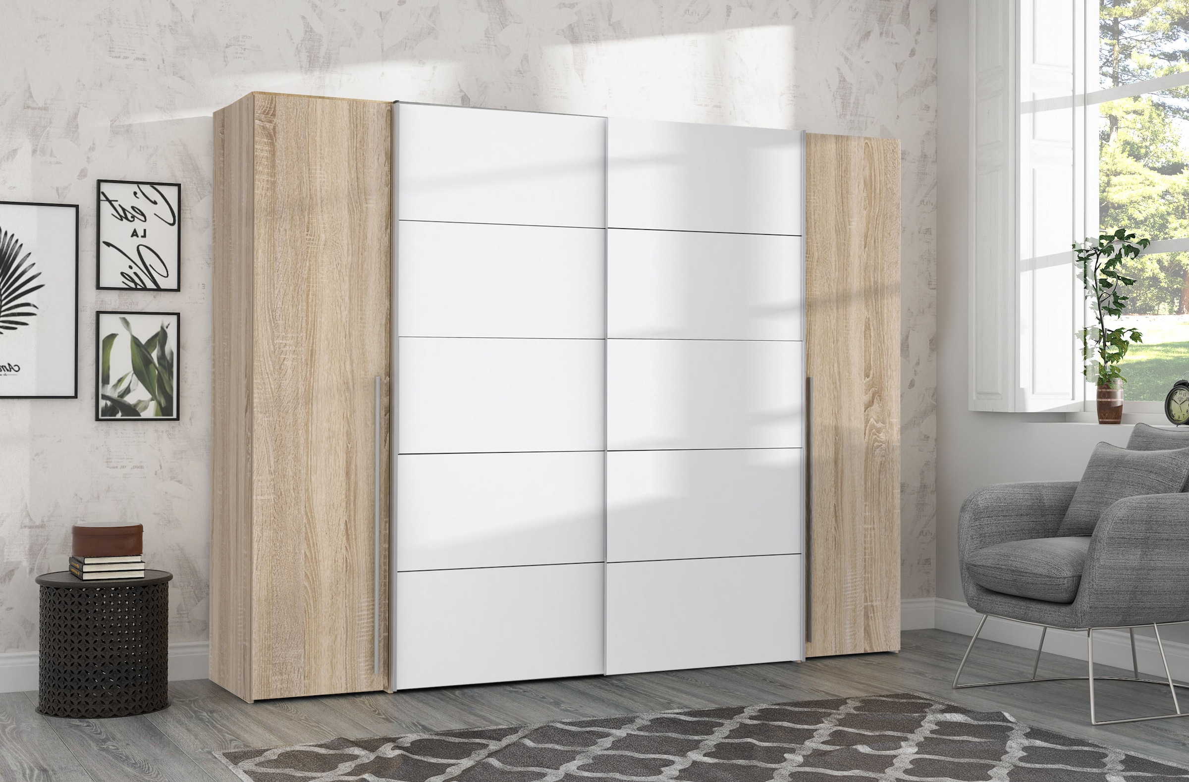 FORTE Dreh-/Schwebetürenschrank »Narago, TOPSELLER zum TOP Preis! In verschiedenen Farben«, (Farbe Weiß auch mit Spiegeln erhältlich), mit zahlreichen Einlegeböden, viel Stauraum, Made in Europe