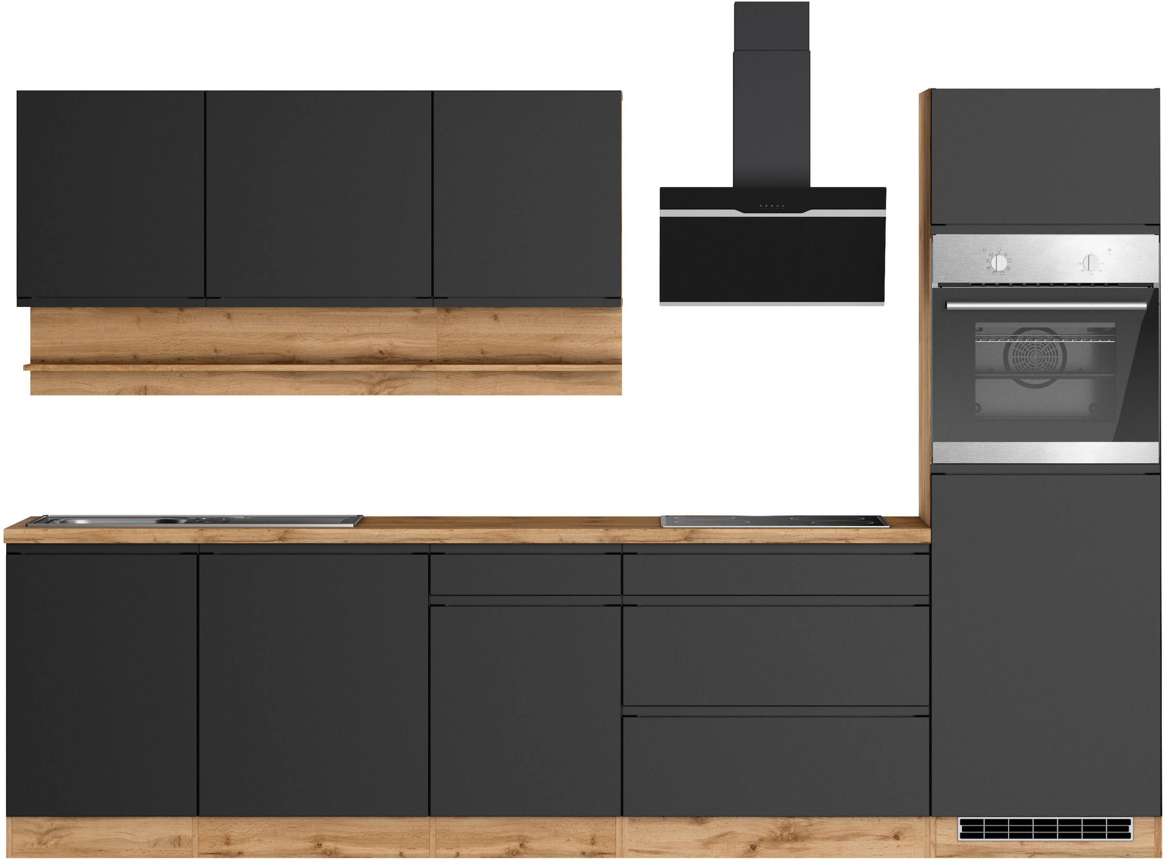 KOCHSTATION Küchenzeile "KS-Virginia,neu in verbesserter Ausführung" Arbeitsplatte 38 mm stark, Stauraum, Softclose, Breite 300 cm, Soft-Close, wahlweise mit E-Geräten
