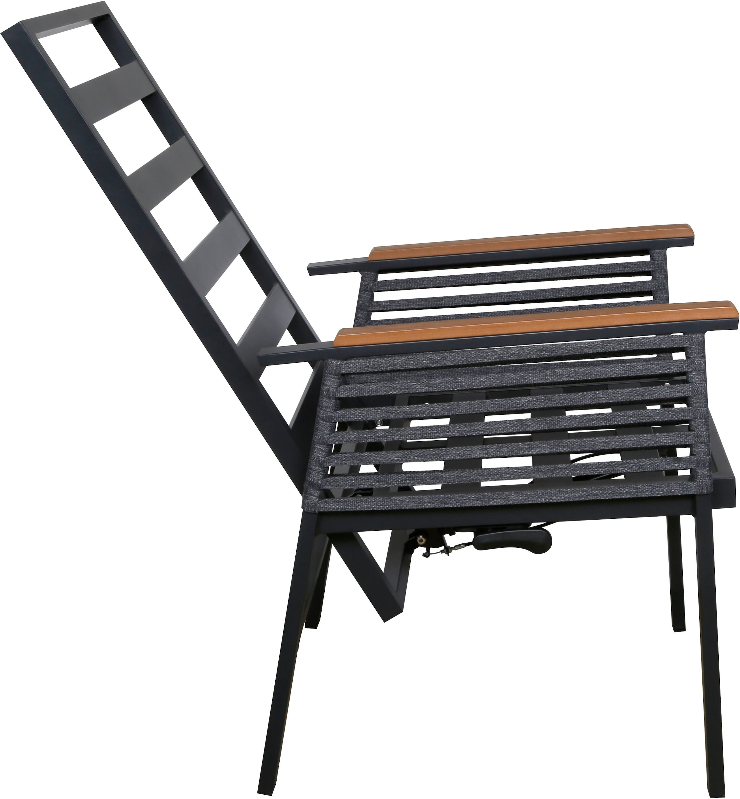 KONIFERA Garten-Essgruppe »Edessa Komfort«, (Set, 17 tlg., 8x Stuhl mit Rückenverstellung, 1x Tisch 220x97x74 cm, inkl. Auflagen), Tischplatte aus Alu-Lamellen,Armlehne mit Seilgeflecht&Noonwood-Latten
