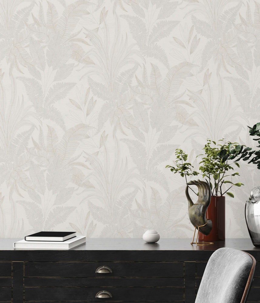 Living Walls Vliestapete "Stories Of Life Florale Tapete Blätter Creme Beige" Wald Botanisch Floral Leicht Strukturiert Metallic Vliestapete Für