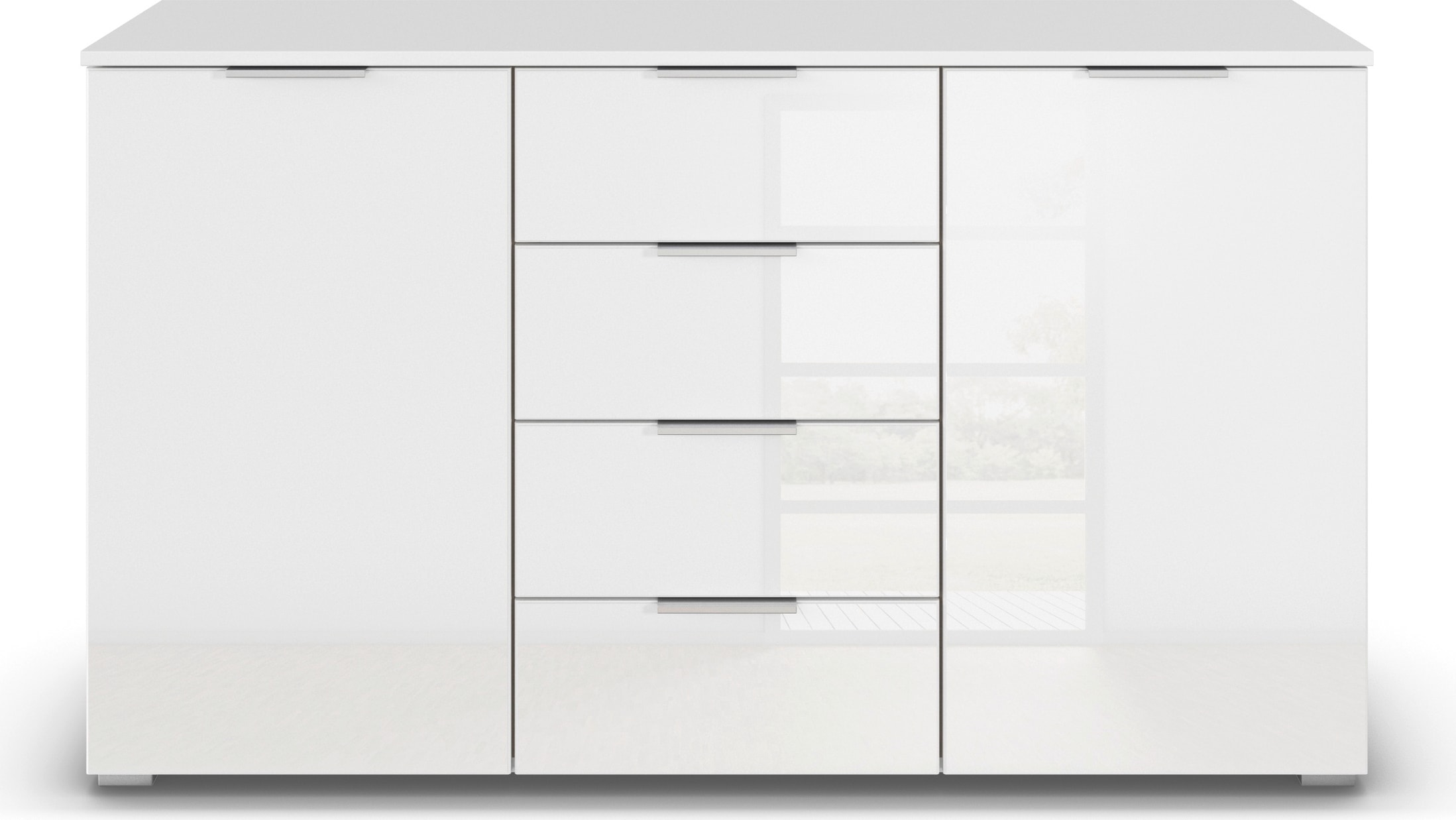 rauch Kombikommode »Sideboard Kombikommode Schubladenkommode AGORDO mit Glasfront«, (in zwei Griff-Farben), mit 4 Schubkästen und 2 Türen sowie Metallgriffen MADE IN GERMANY