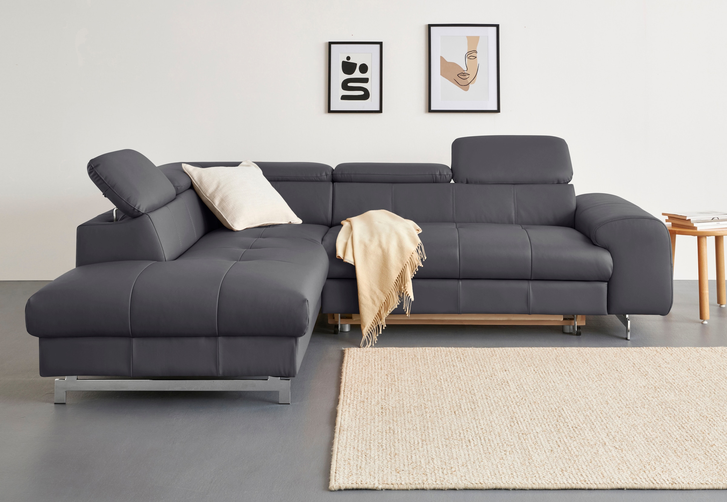 COTTA Ecksofa "Chef L-Form, B: 257cm, Leder, inkl. Kopfteilverstellung" optionale Schlaffunktion, moderne Metallkufen H 12cm, Wellenfederung