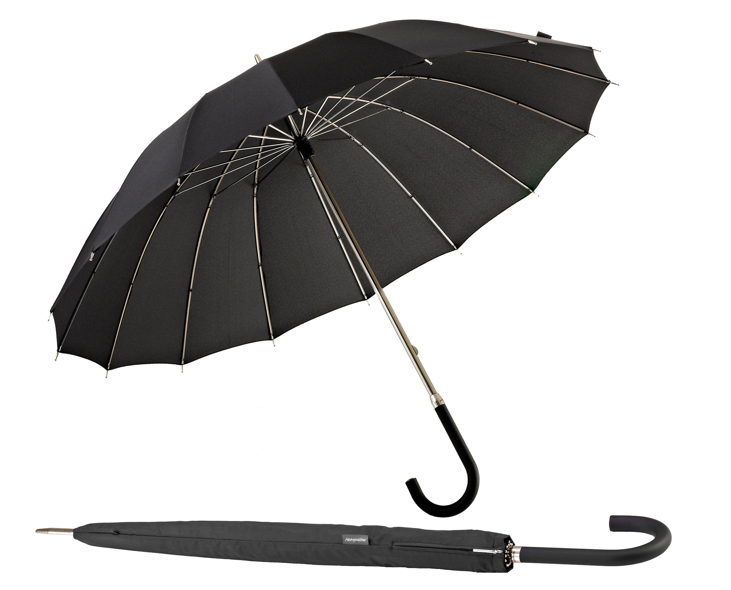 Stockregenschirm »Metropolitan®, schwarz«, mit 16 Segmenten und eleganter Dachwölbung