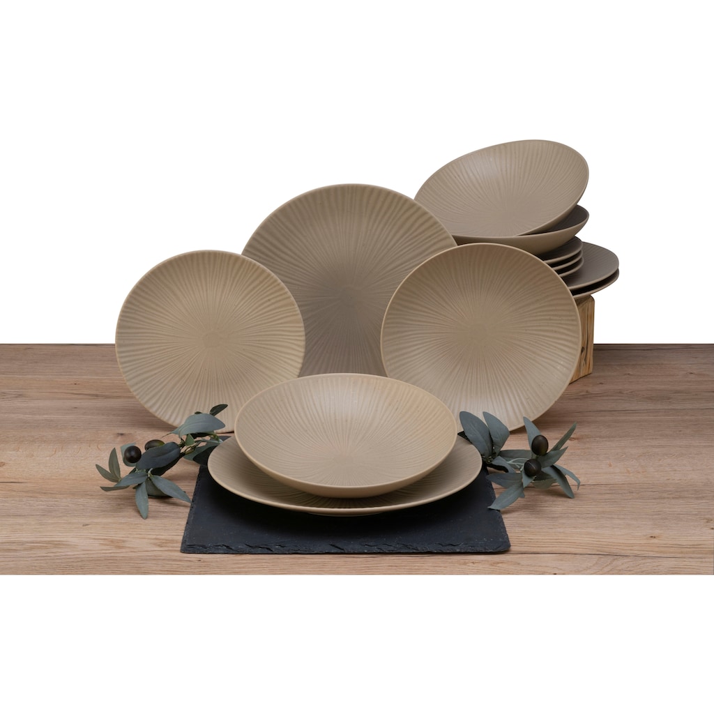 CreaTable Teller-Set »Vesuvio Sand«, (Set, 12 tlg.), seidenmatte Glasur, ausdrucksstarkes Relief