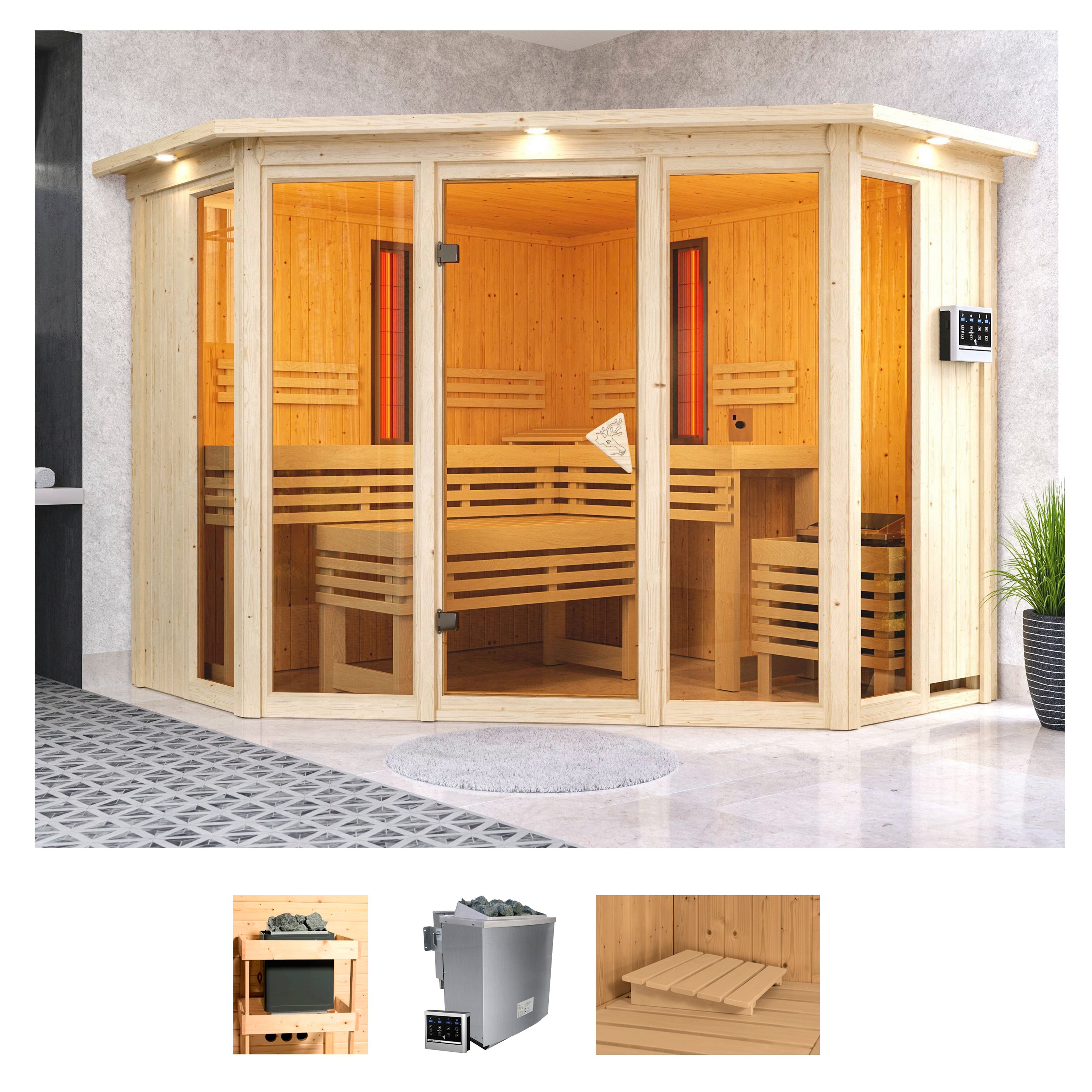 KARIBU Sauna "Adele", Bio-Kombiofen, externe Steuerung, 9 kW, beige, Saunen, Ofen 9 kW Bio externe Strg easy
