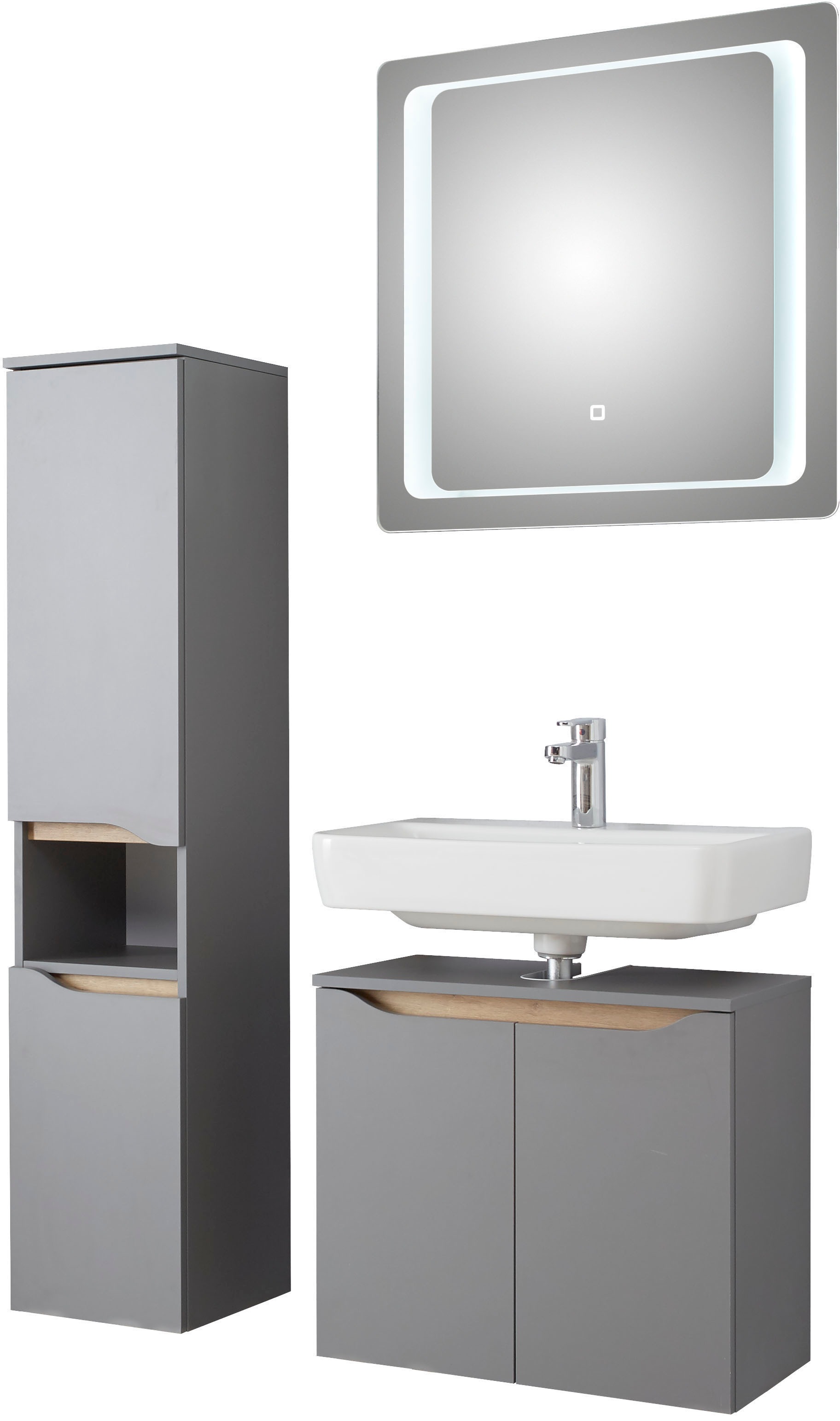 Thumbnail - Saphir Badmöbel-Set "Quickset 3-teilig, Waschbeckenunterschrank mit LED-Spiegel" 3 Stk. tlg. mit Midischrank, inkl. Türd...