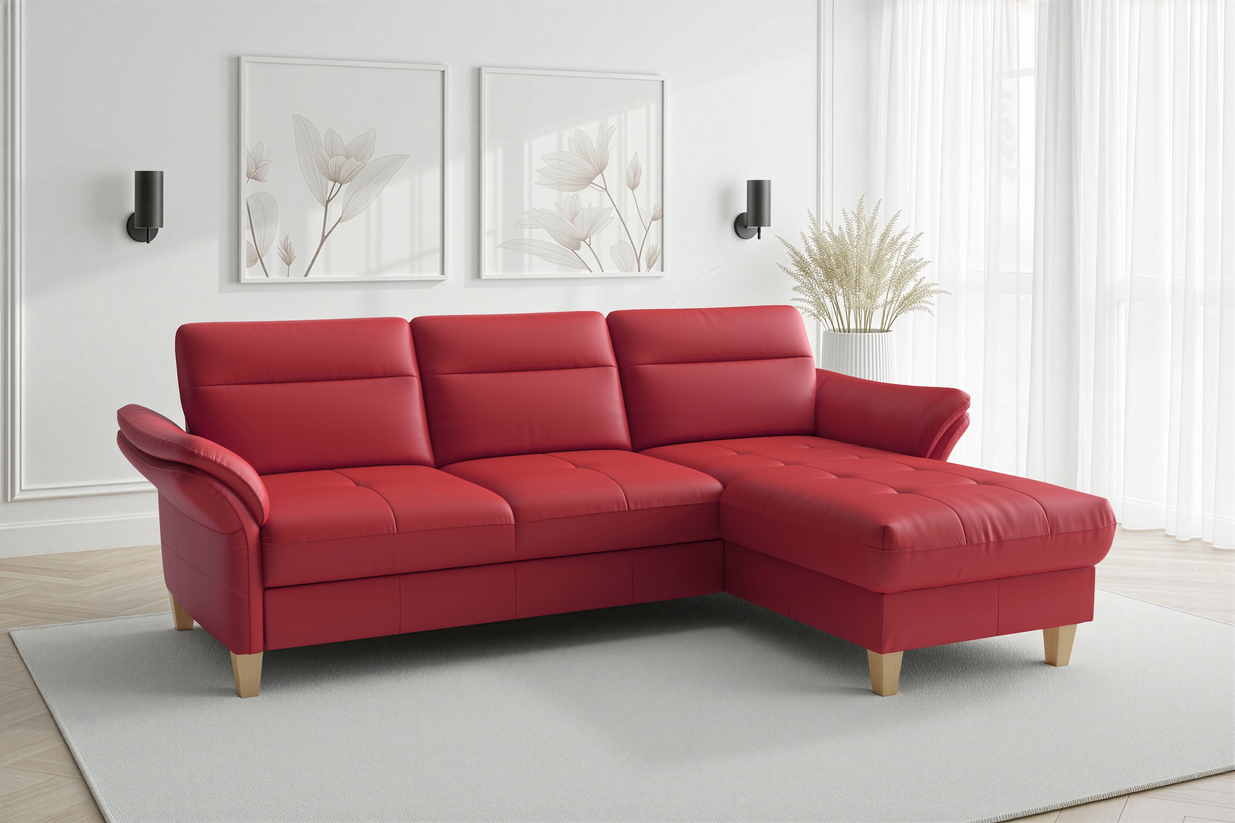 sit&more Ecksofa "Pamela L-Form, Leder, B: 218 und 230 cm mit Recamiere links od. rechts" optional Armteilverstellung, Schlaffunktion & Bettkasten