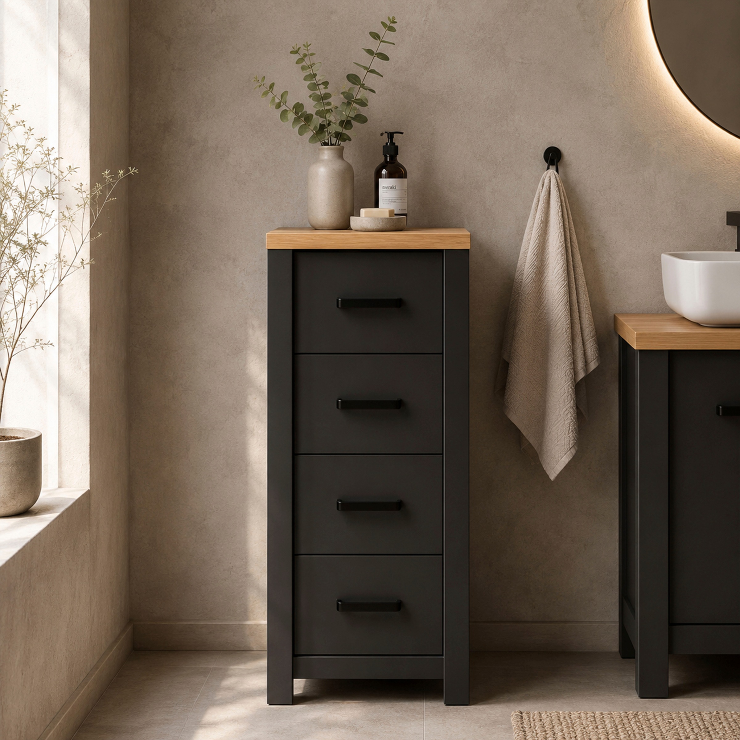 Inter Link Highboard »Carbona, Badschrank, Anthrazit/Artisan Eiche Nachbildung, Platzsparend« 1 Stk. tlg. Midischrank mit 4 Schubladen, 42 x 40 x 94 cm, Skandi Look
