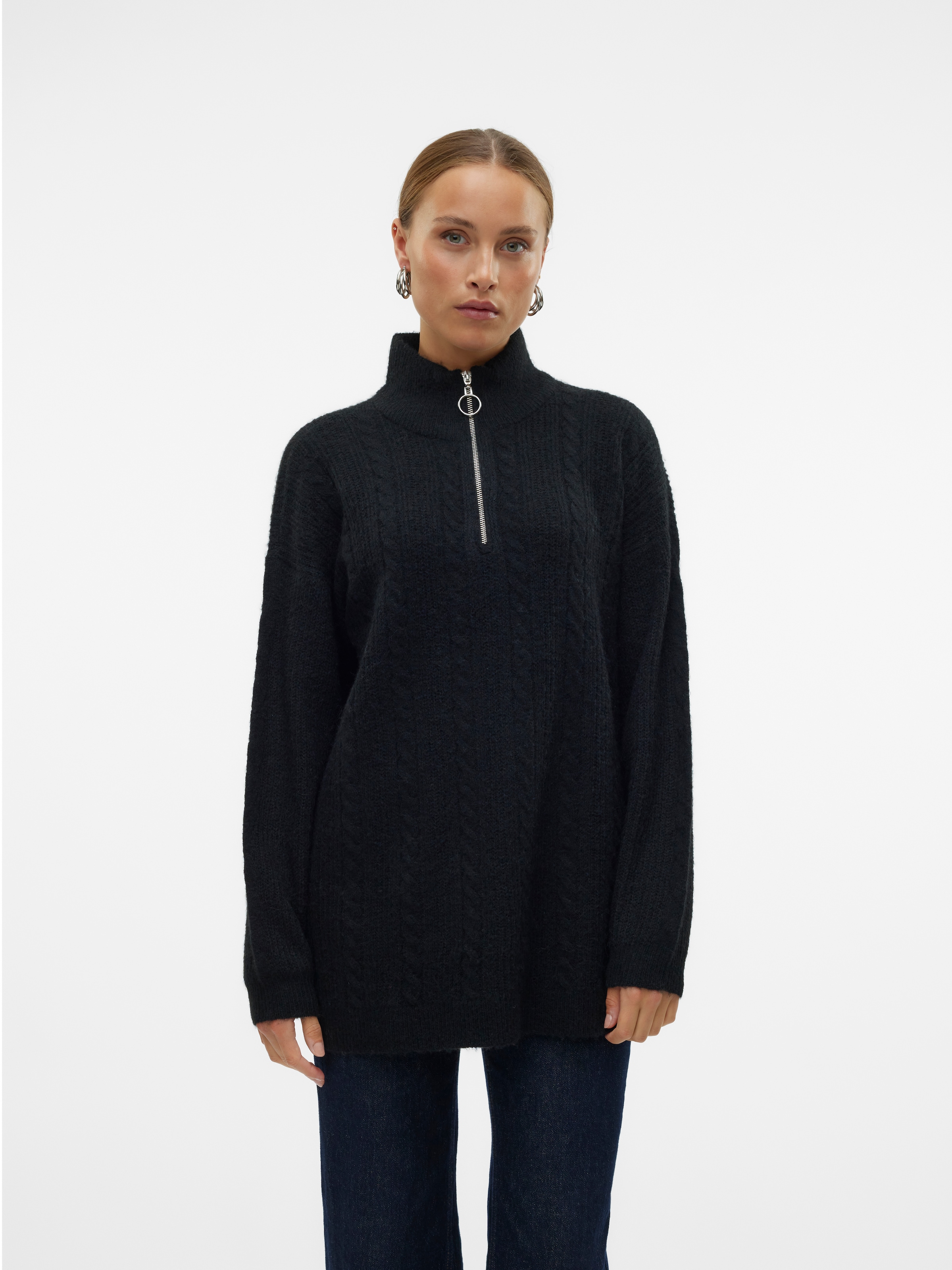 Vero Moda Stehkragenpullover "VMMILI LS HIGHNK LONG ZIP PULLOVE GA BOO", mit geripptem Strickmuster