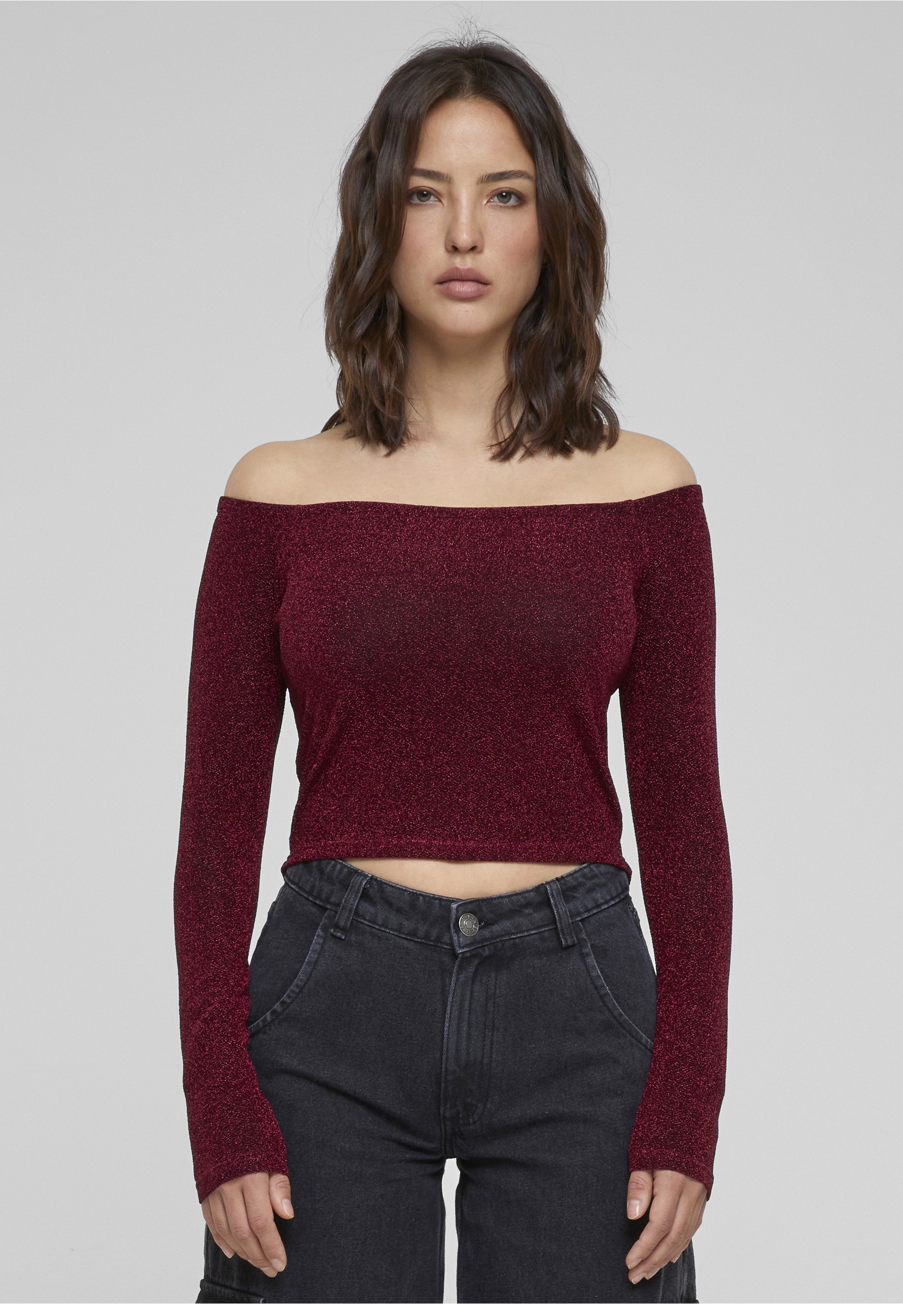 URBAN CLASSICS Longsleeve »Urban Classics Damen Ladies Off Shoulder Glitter Longsleeve« 1 Stk.
