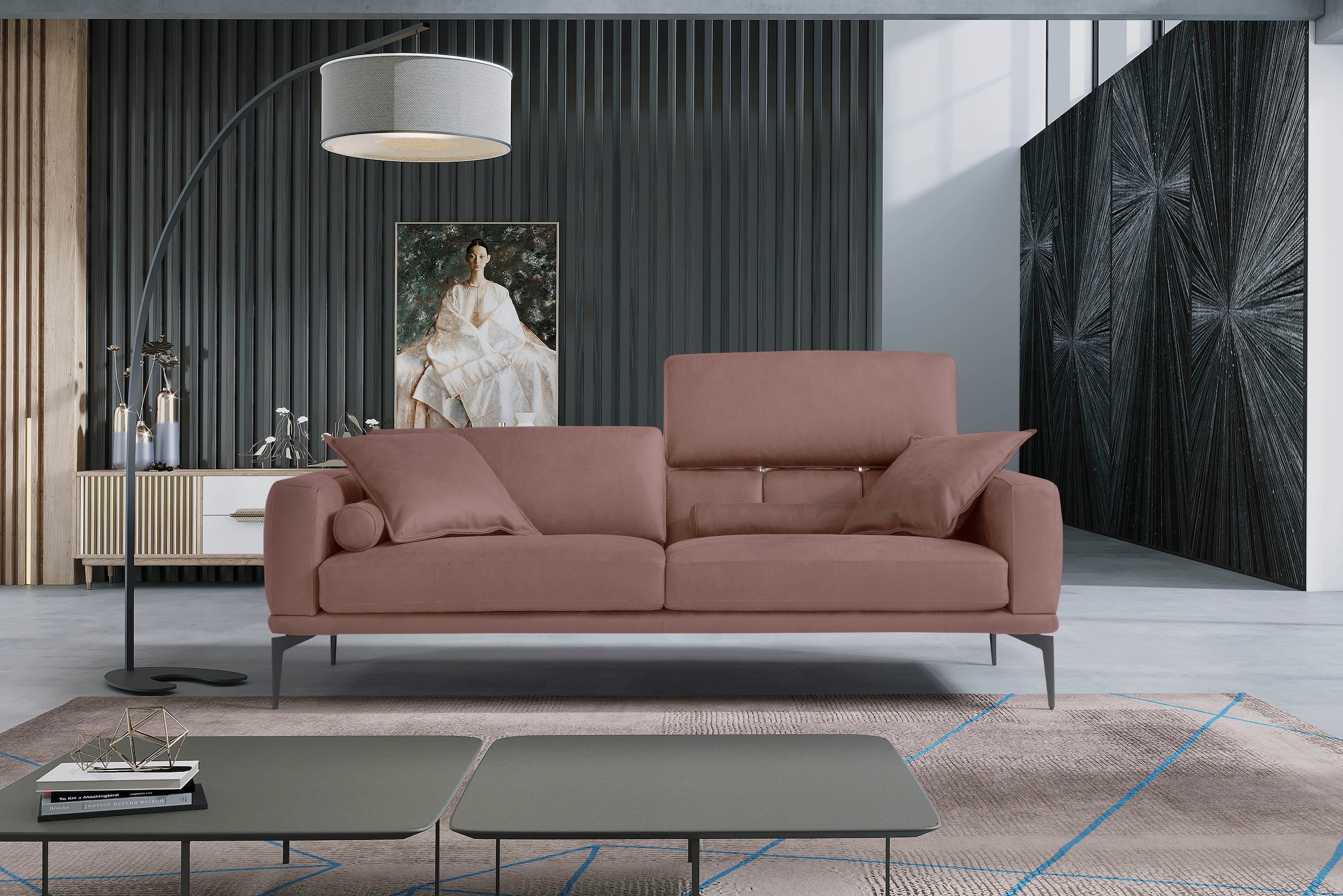 Egoitaliano 2,5-Sitzer "Masu, Designsofa mit erstklassigem Sitzkomfort, Breite 218cm" inkl. 2 Kissenrollen, Rückenelemente manuell verstellbar, Metallfüße