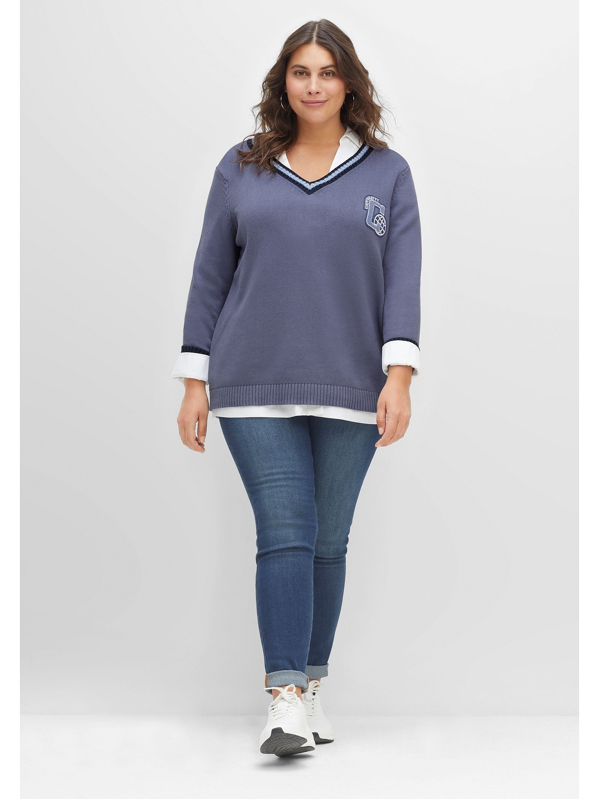 Sheego V-Ausschnitt-Pullover »Große Größen«, im College-Stil, aus reiner Baumwolle