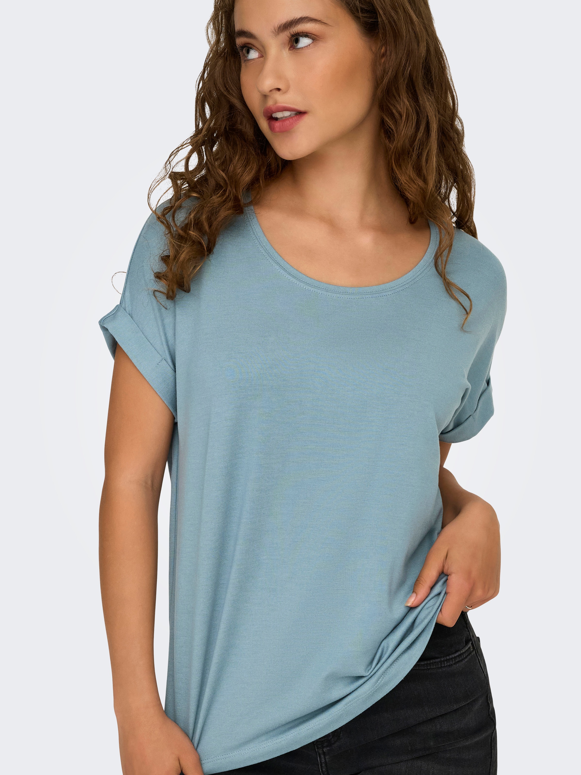 Kurzarmshirt ONLY "ONLMOLLY S/S O-NECK DOBBY TOP JRS", Damen, Gr. XS, winter sky, Jersey, Obermaterial: 80% Polyester, 20% Viskose, unifarben, regular fit normal, Rundhals, Shirts, Materialmix, regular fit, Rundhals 5
