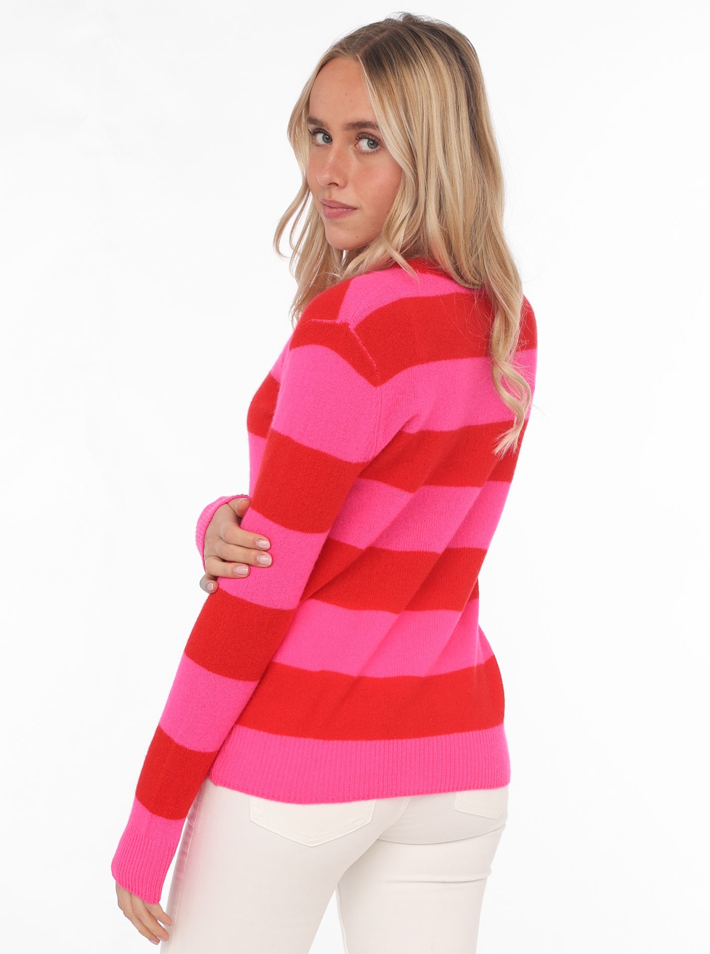 Thumbnail - Zwillingsherz Strickpullover Rundhalsausschnitt, langärmelig, Kaschmir, Blockstreifen