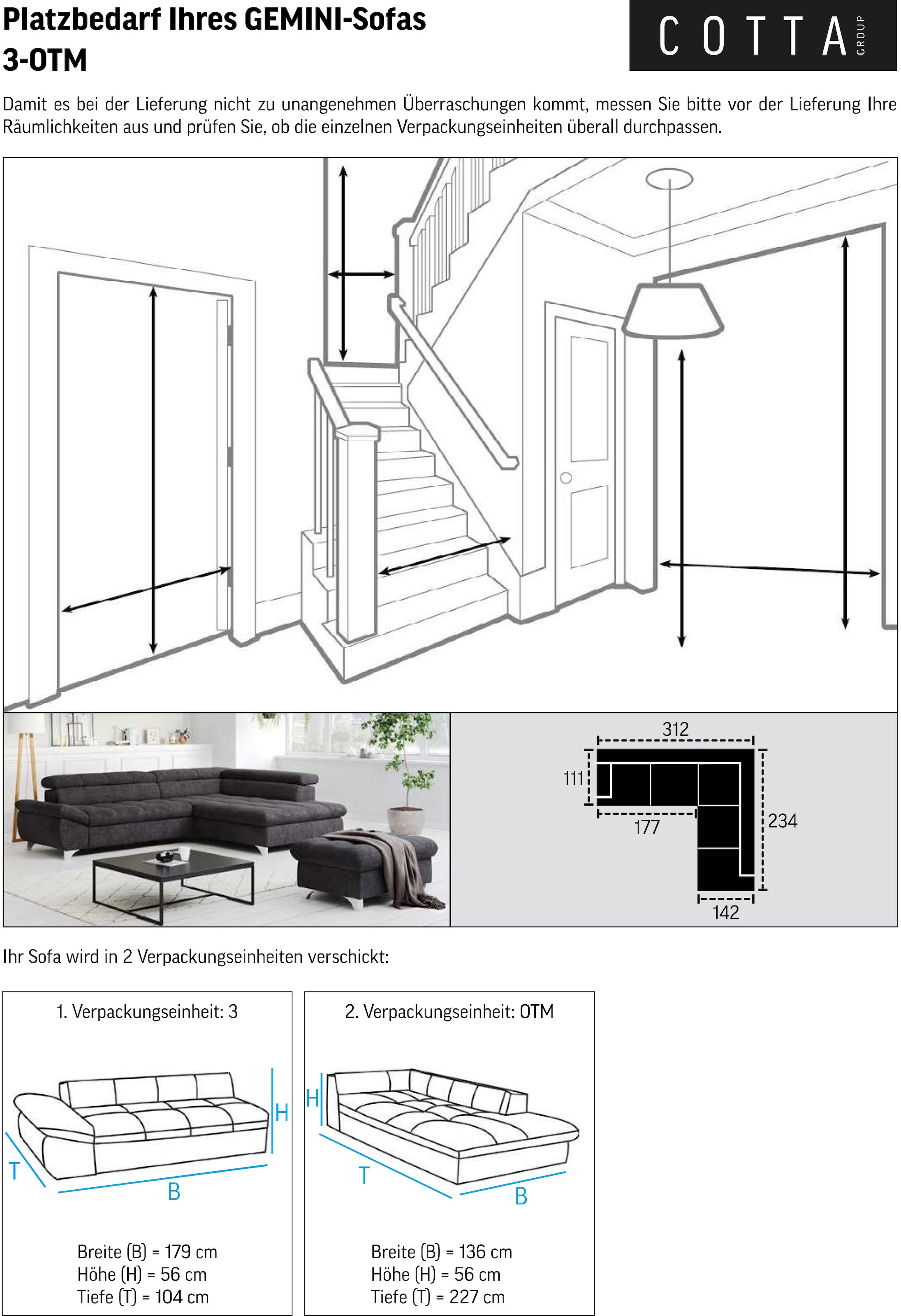 COTTA Ecksofa »Gemini L-Form«, mit Kopfteilverstellung, wahlweise mit Bettfunktion