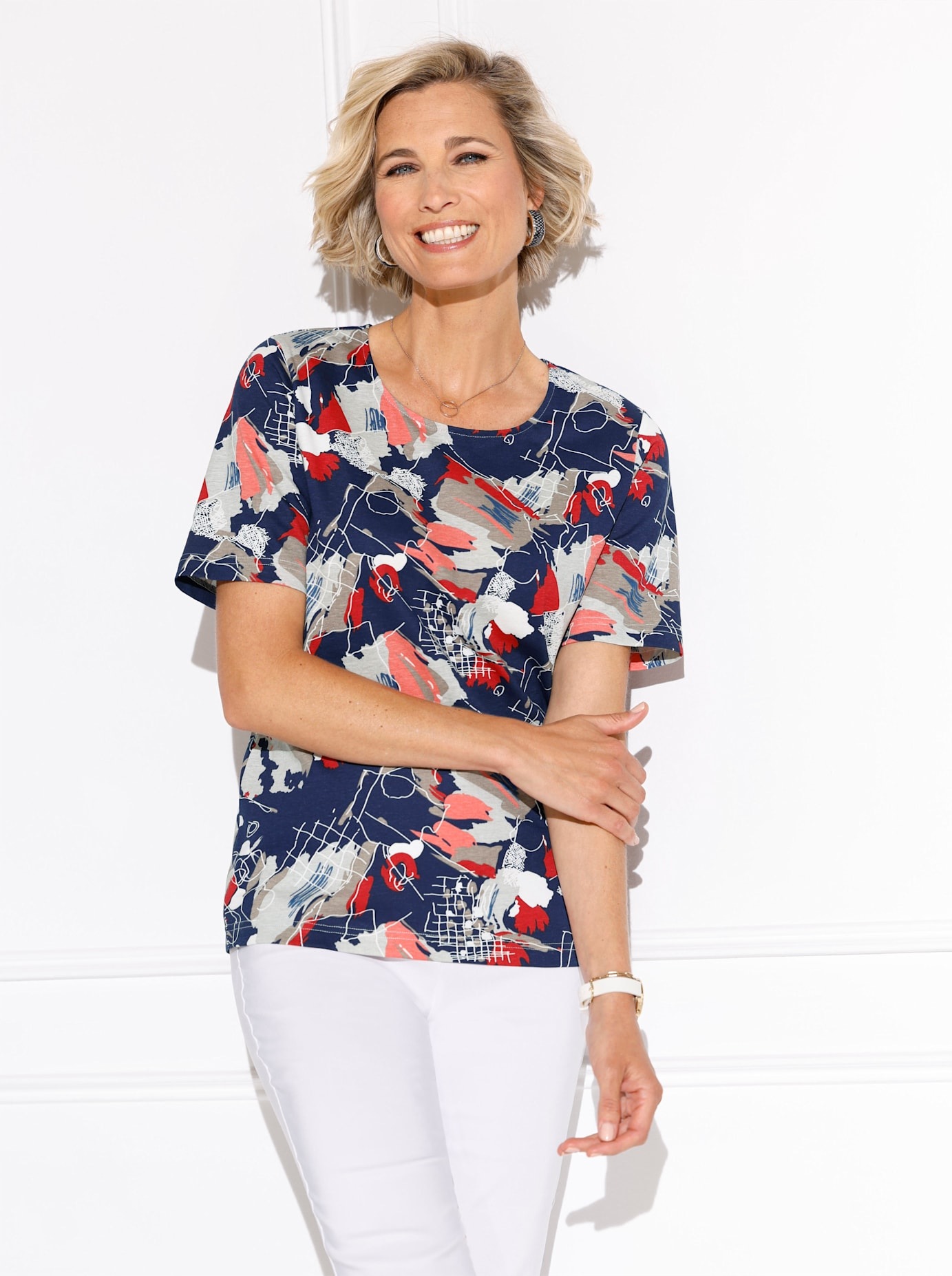 Kurzarmshirt CLASSIC BASICS "Kurzarm-Shirt", Damen, Gr. 42, bunt (marine, koralle, bedruckt), 100% Baumwolle, bedruckt, gemustert, mehrfarbig, Rundhals, Shirts