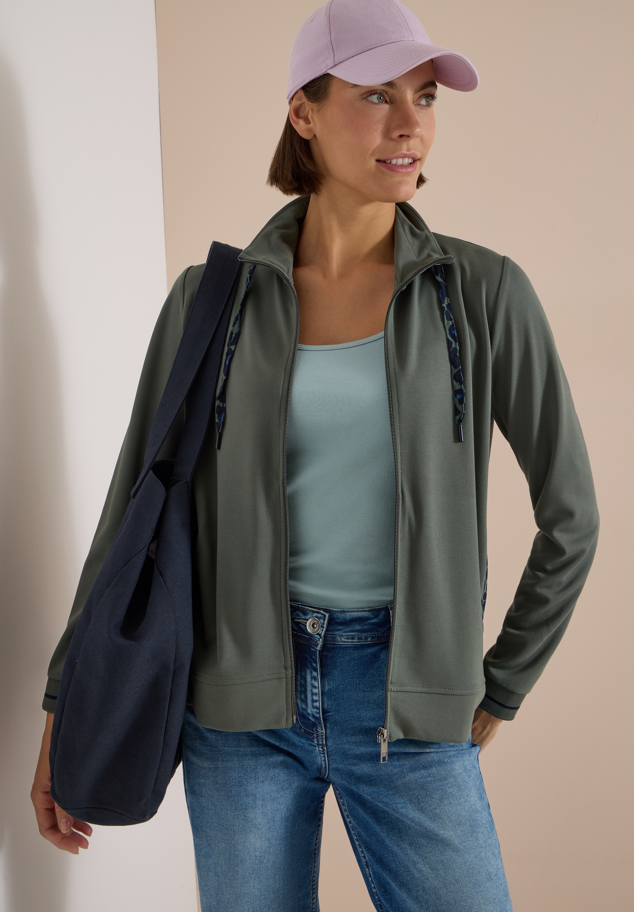 Cecil Sweatjacke mit Animal-Print Details, Stehkragen, Viskosemix