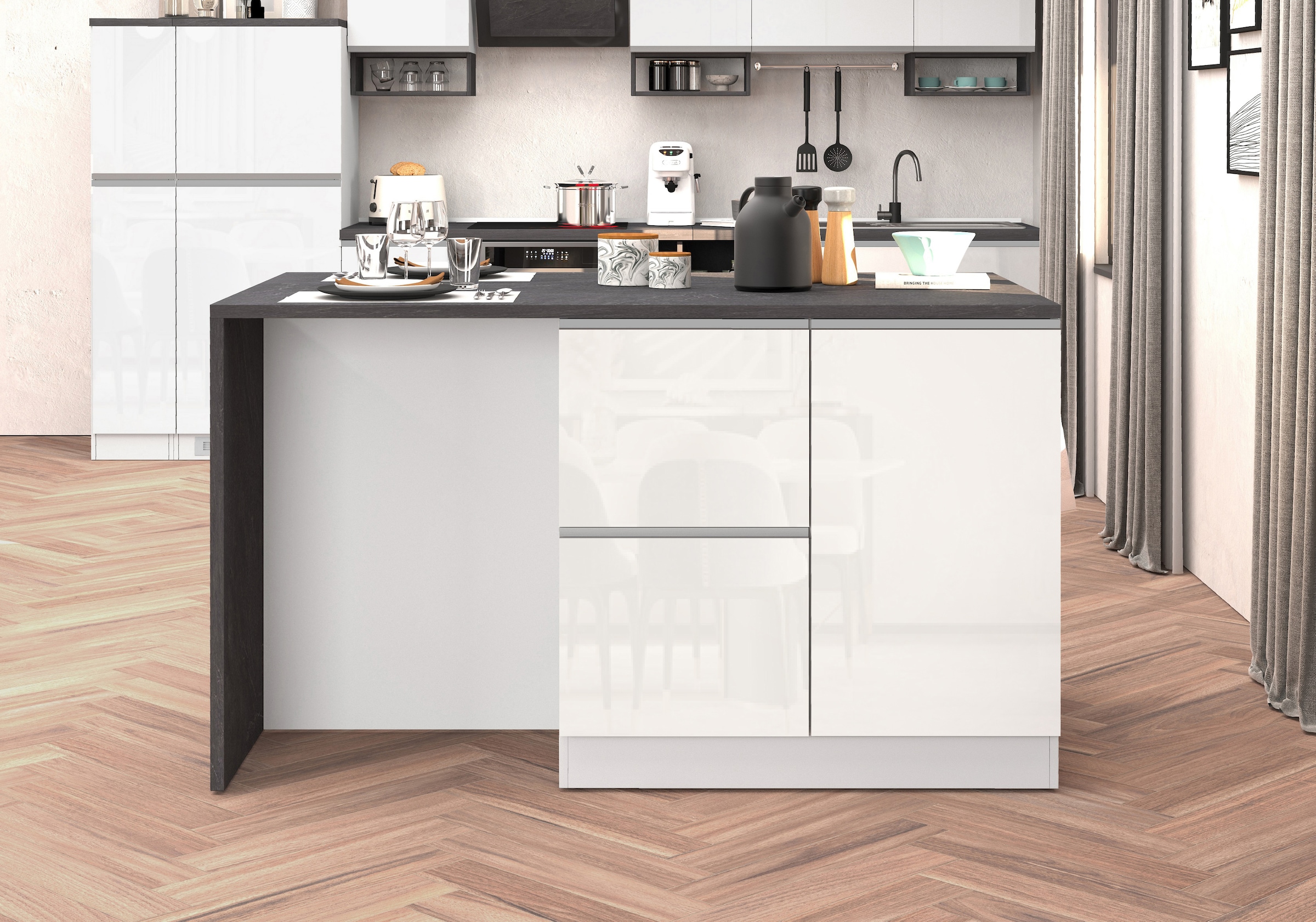 KOCHSTATION Kücheninsel »KS-Sole, Kochinsel, Küchenarbeitsblock, Inselküche, Arbeitsinsel« Breite 152,5 cm, mit Essplatz, Handtuchhalter, Fächer und Weinregal