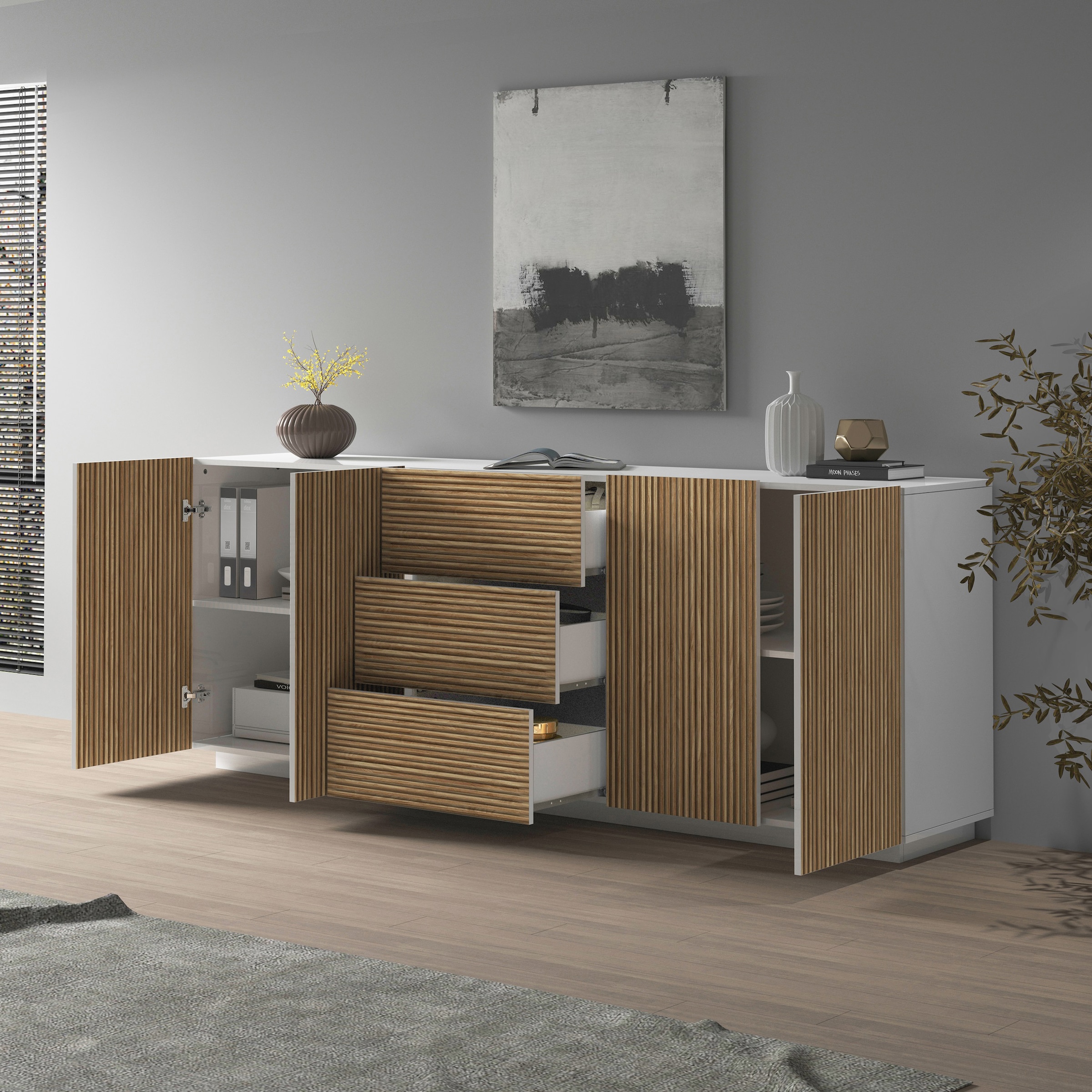 INOSIGN Sideboard »Vega Sideboard,Kommode,220 cm«, mit 4 Türen und 3 Schubladen,Fronten mit Rillen-Optik