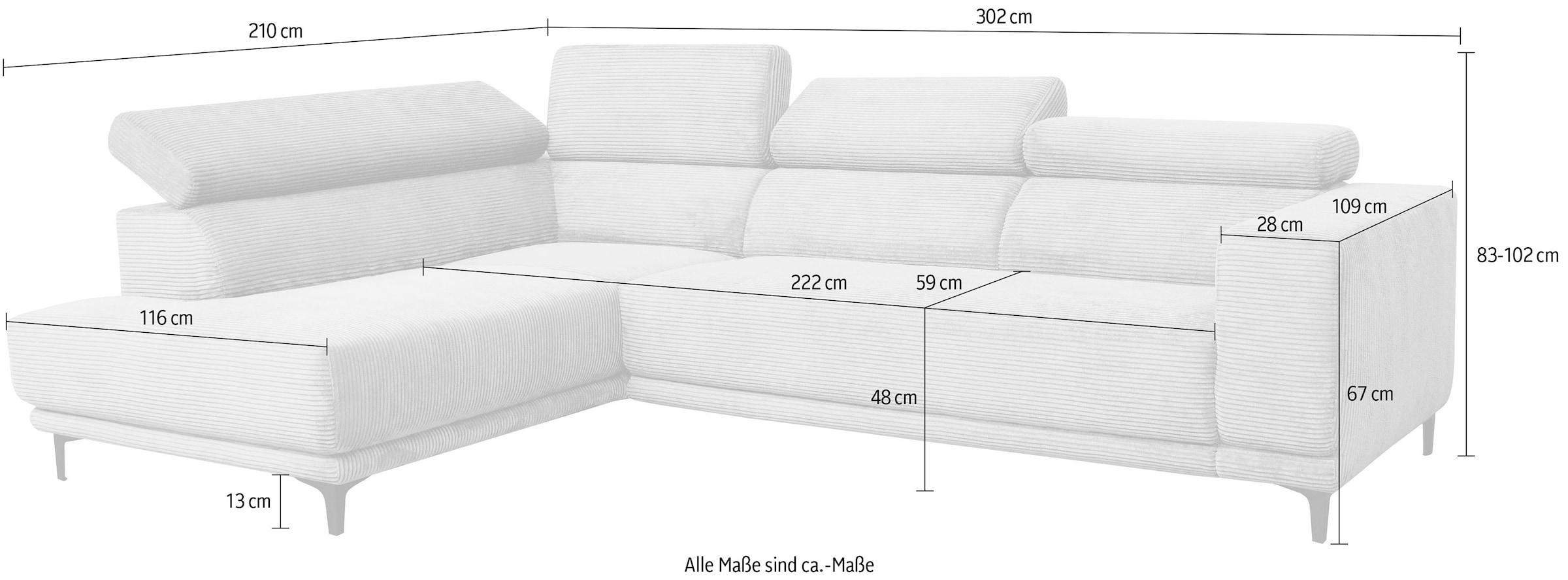 alina Ecksofa »Hikari«, wahlweise mit Sitzvorzug, in modernem Cordstoff, Breite 302 cm