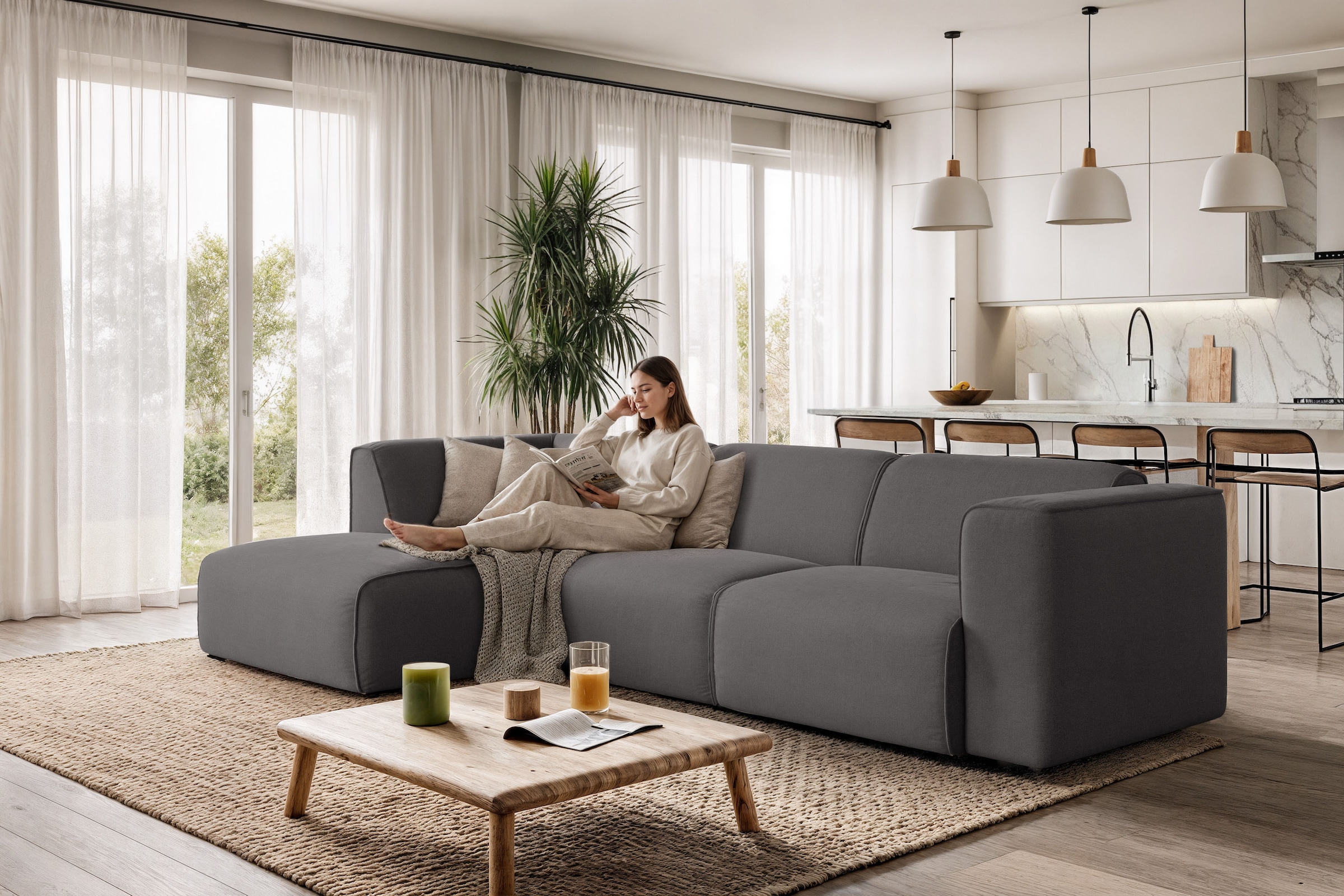 Ecksofa OTTO HOME "Merid L-Form, B: 295 cm - OTTO. Verlässliche Qualität.", grau (anthrazit), B:295cm H:70cm T:162cm, Struktur fein (100% Polyester);Samtoptik (100% Polyester);Samtcord (92% Polyester, 8% Polyamid), Sofas, Ecksofa, jederzeit durch Module e 10