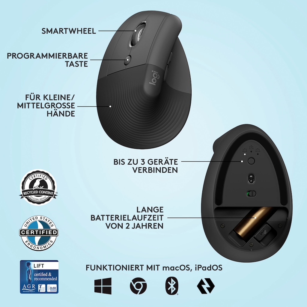 Logitech ergonomische Maus »Lift Left Vertical«, Bluetooth