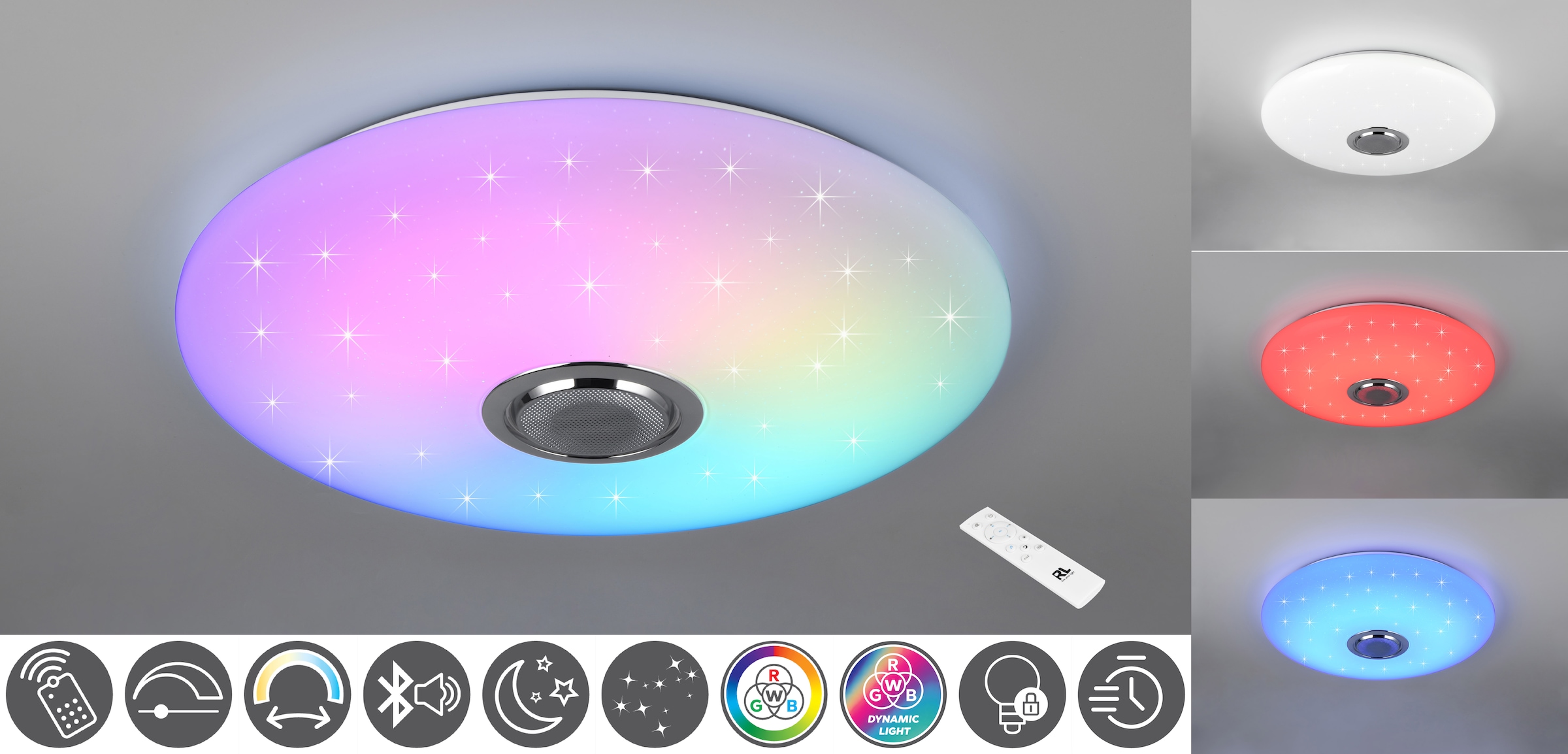 REALITY Leuchten LED Deckenleuchte »MUSICA, LED Deckenlampe mit Bluetooth Lautsprecher, Fernbedienung inkl«, 1 flammig, Leuchtmittel LED-Board | LED fest integriert, RGBW Farbwechsel mit Rainbow-Effekt, dimmbar, Timer, Starlight, Memory