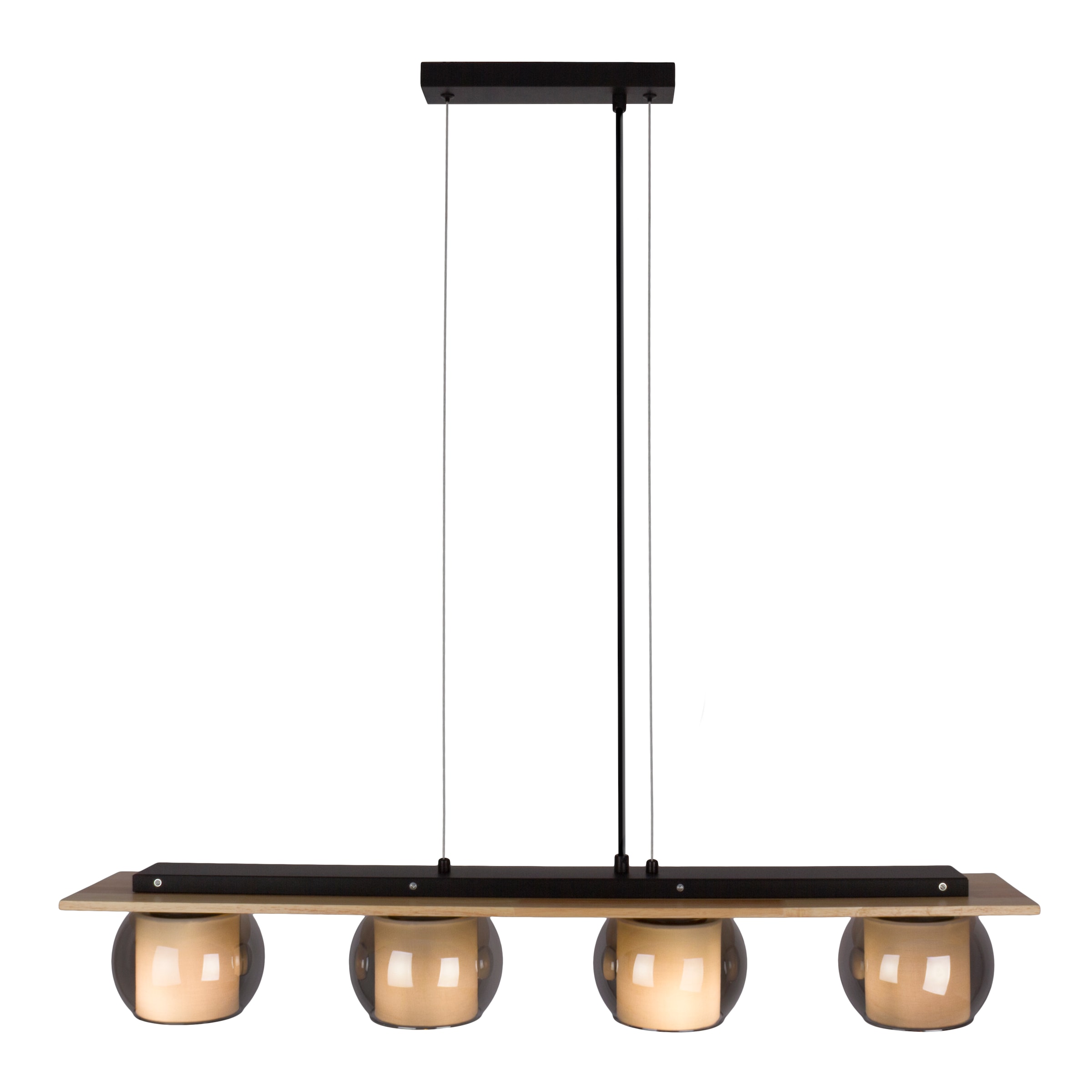 näve Pendelleuchte »Texas« E27 1 Stk. Glasschirme smokey, naturfarbenes Holzdetail, 4x E27, H:120cm, L: 90cm