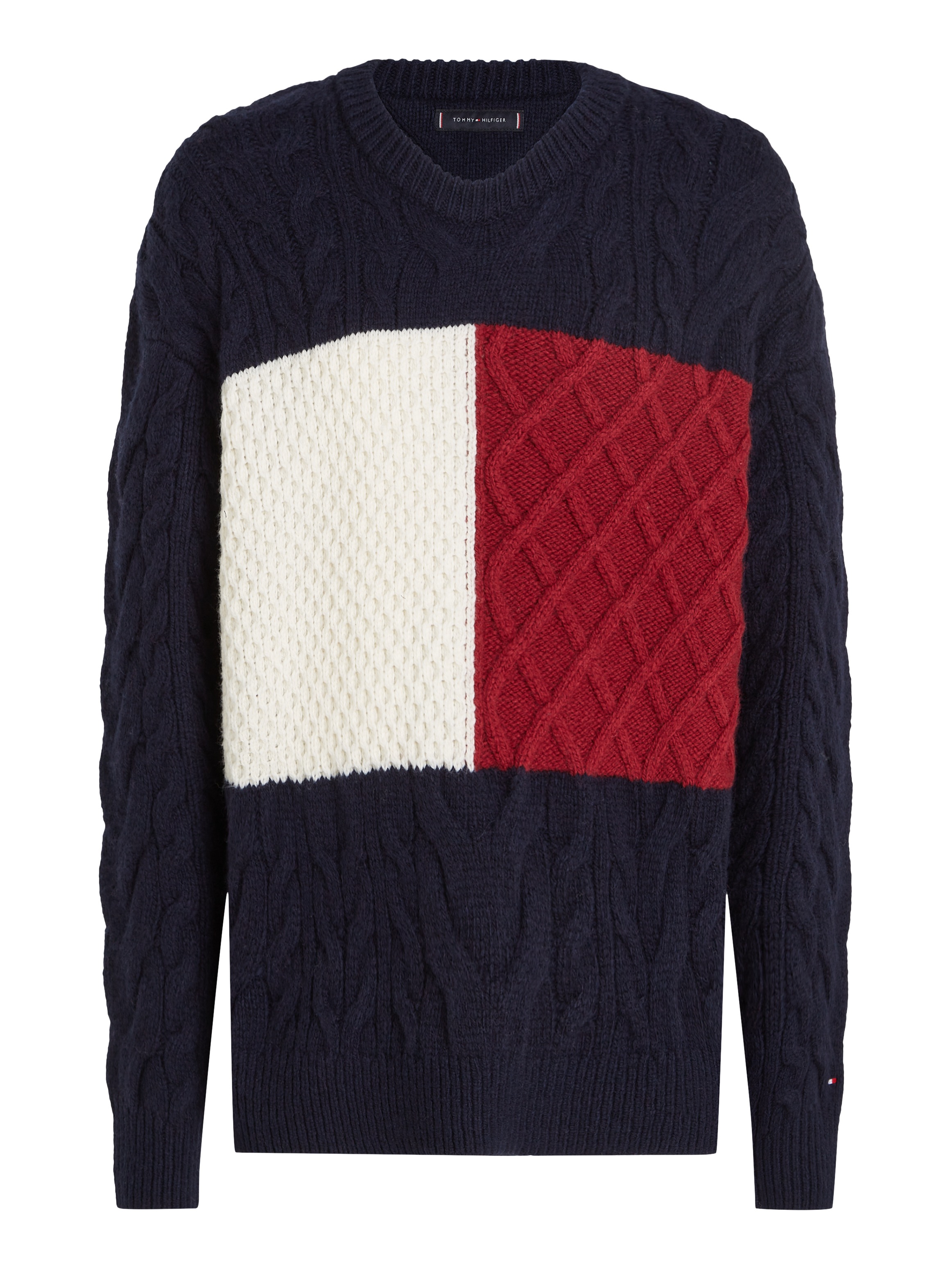 Tommy Hilfiger Rundhalspullover »CABLE FLAG SWEATER«, mit Colorblocking-Design vorne