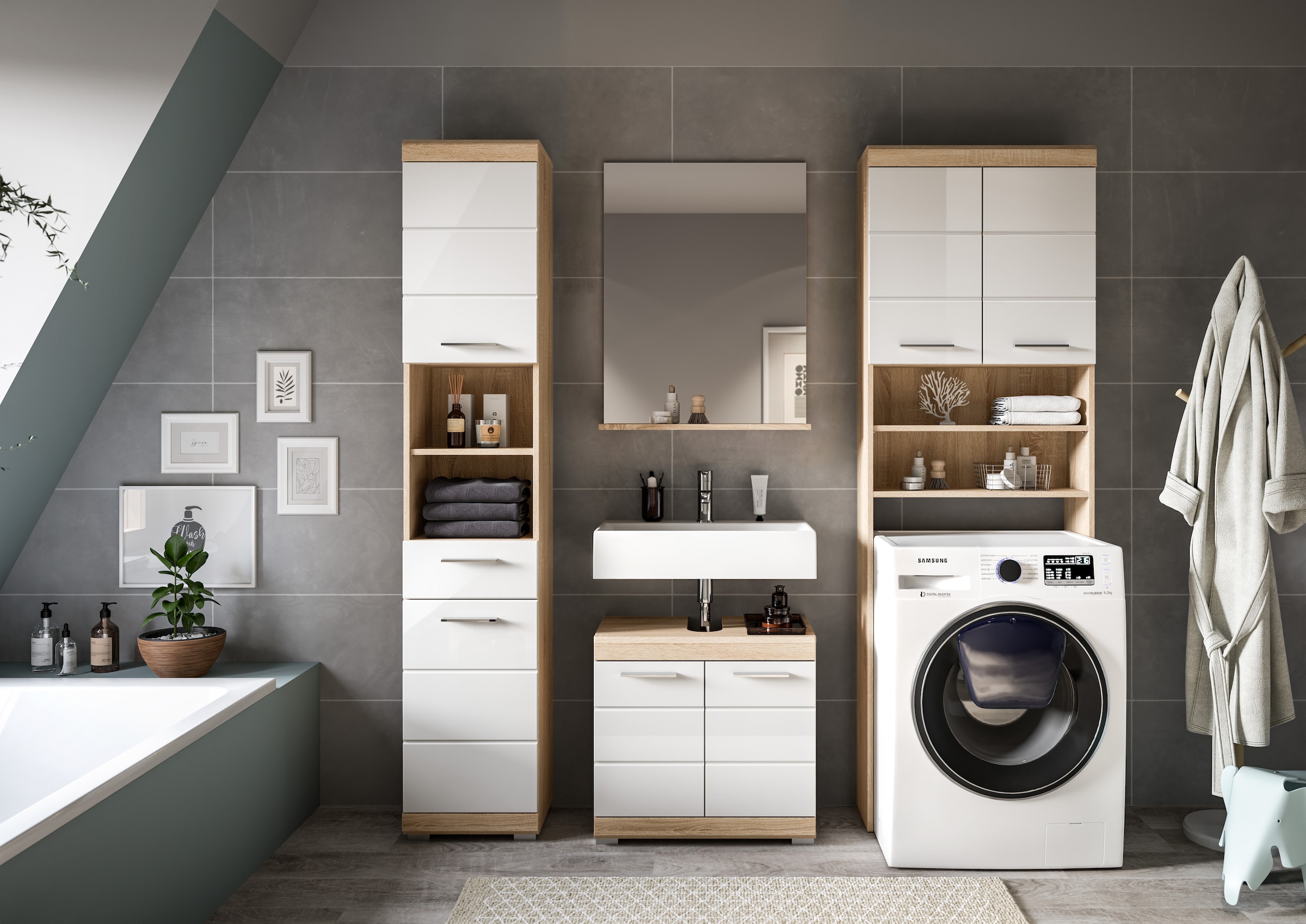 INOSIGN Badmöbel-Set »Siena, 4 teilig, bestehend aus:«, (Set), Hochschrank, WBU, Badspiegel, Waschmaschinenumbauschrank