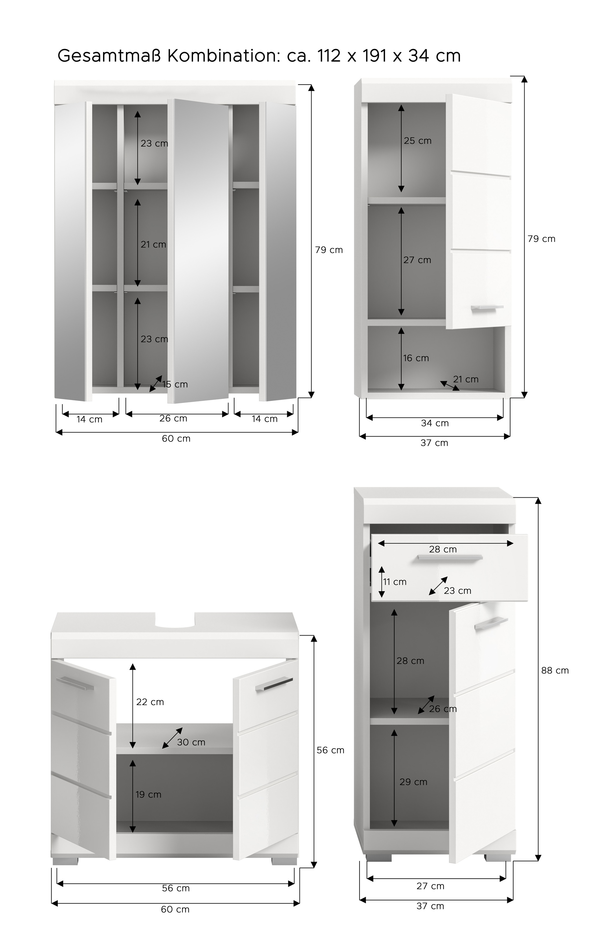 INOSIGN Badmöbel-Set »Siena, 4 teilig, bestehend aus:«, (Set), Waschbeckenunterschrank, Spiegelschrank, Unterschrank, Hängeschrank