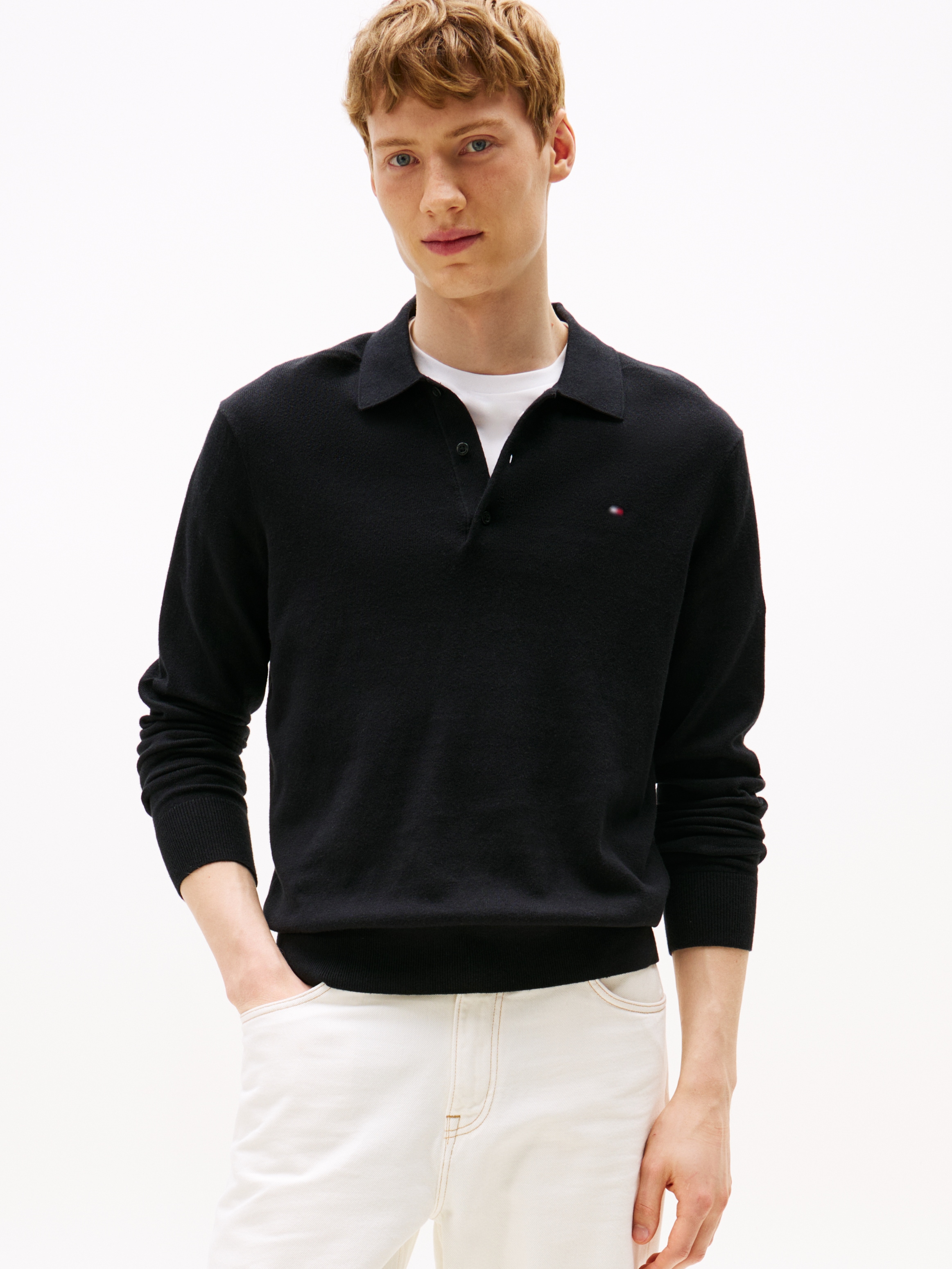 Tommy Hilfiger Polokragenpullover "PIMA ORG CTN CASHMERE LS" Flag-Stickerei auf Brust