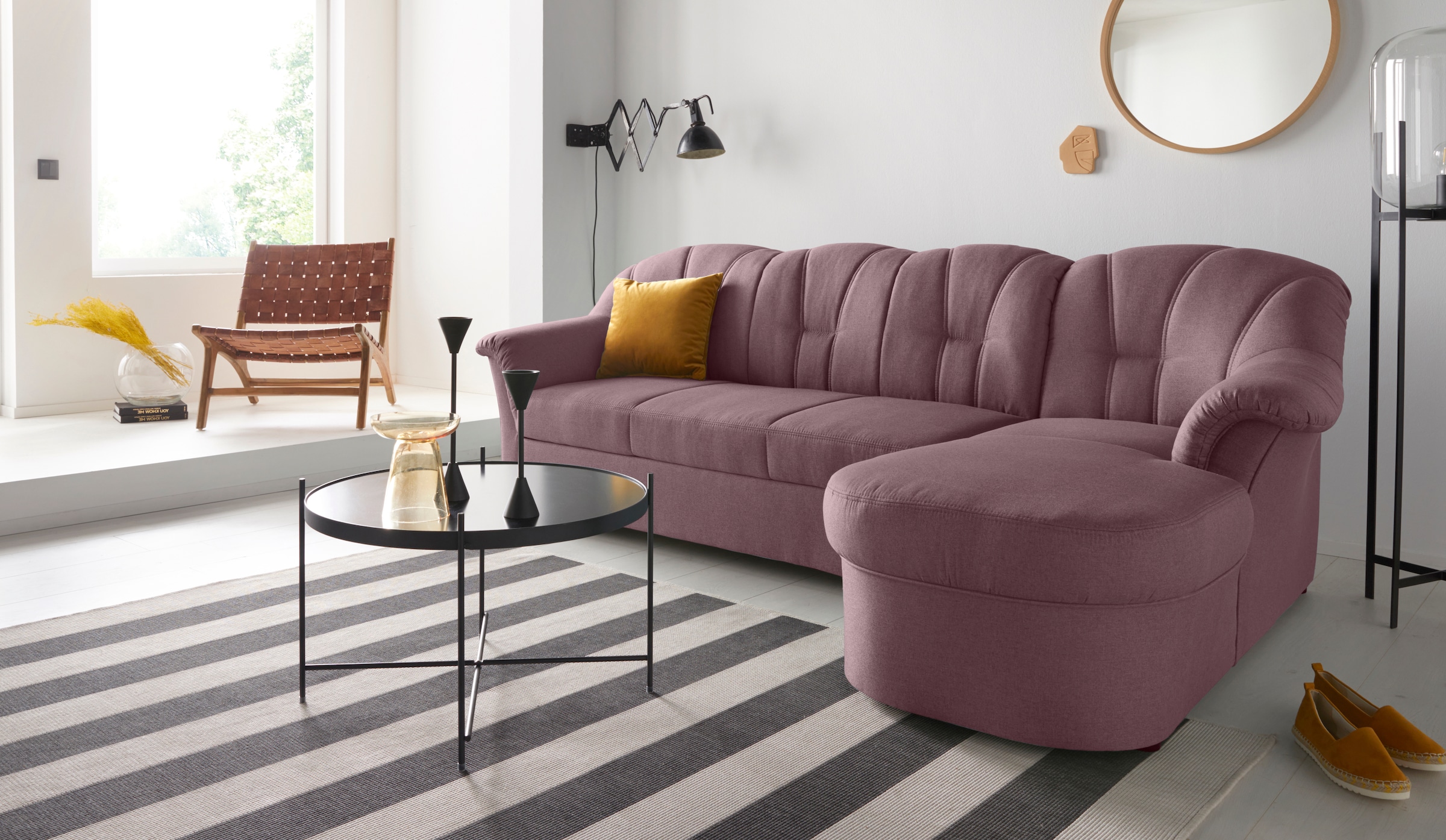 DOMO collection Ecksofa "Papenburg, zeitlose Rückensteppung, elegante Formensprache, L-Form" in großer Farbvielfalt, wahlweise mit Bettfunktion
