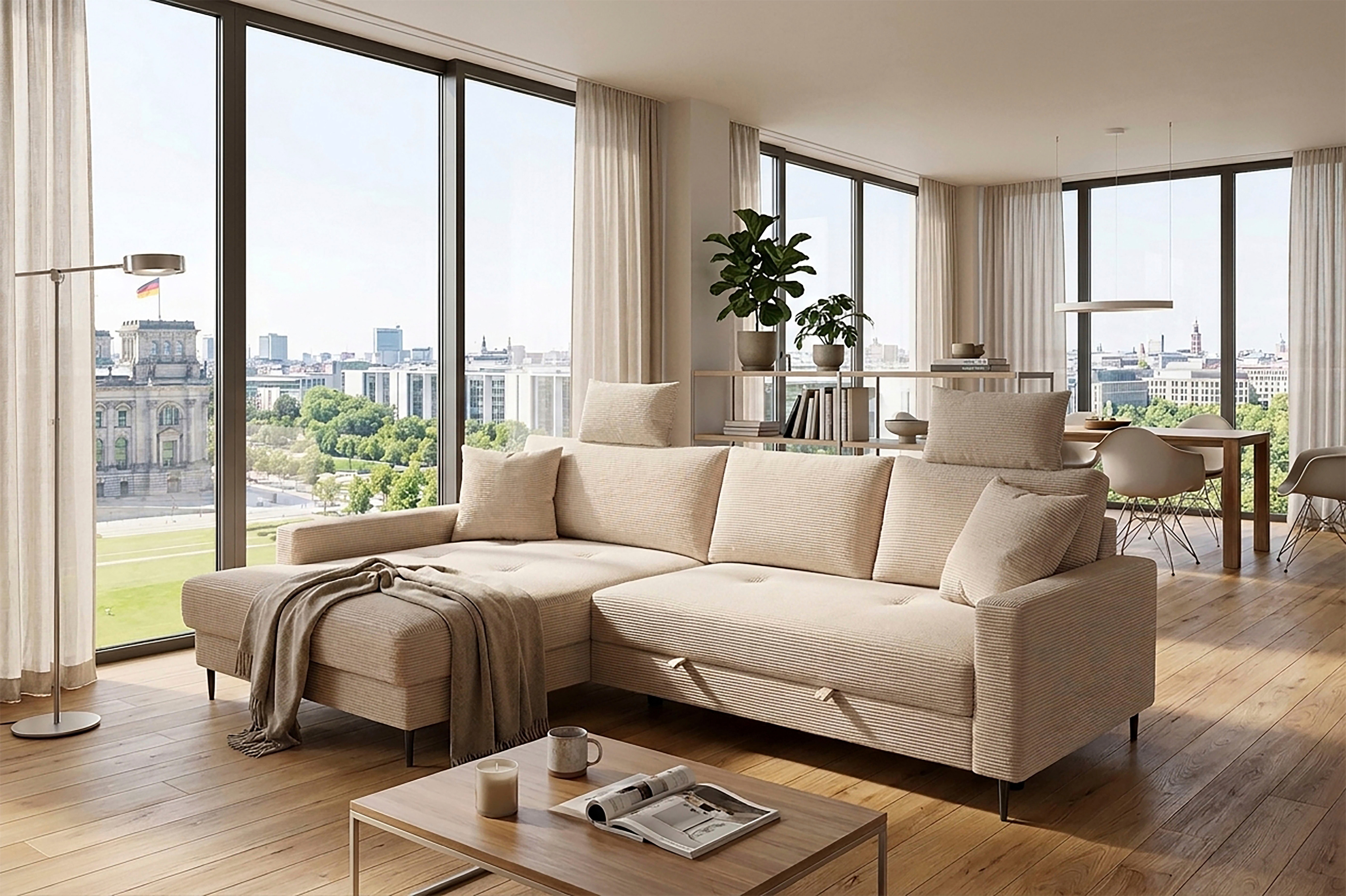 Trends by HG Ecksofa "Summer L-Form, B: 284 cm, Schlaffunktion, 2 Zierkissen" mit Kopfstützen, Wellenfederung, frei stellbar