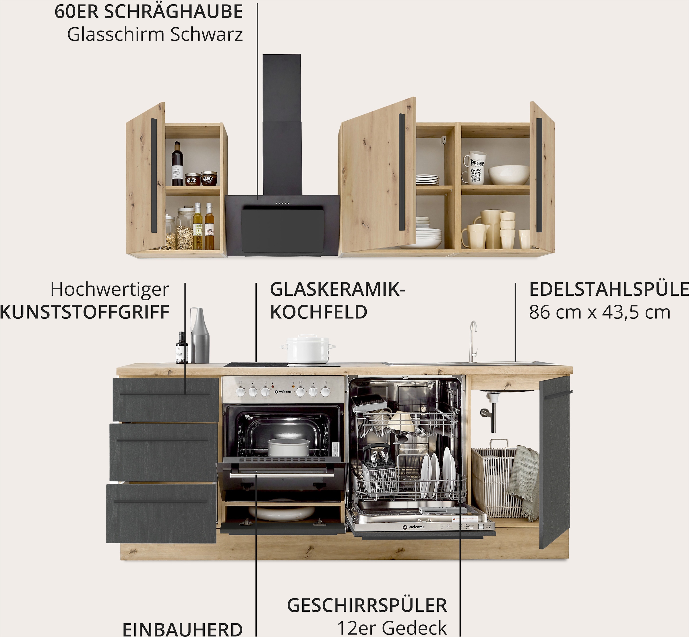 KOCHSTATION Küchenzeile »KS-Florida mit 38mm starker Arbeitsplatte«, Breite 220 cm, wahlweise mit E-Geräten, Soft-Close-Funktion