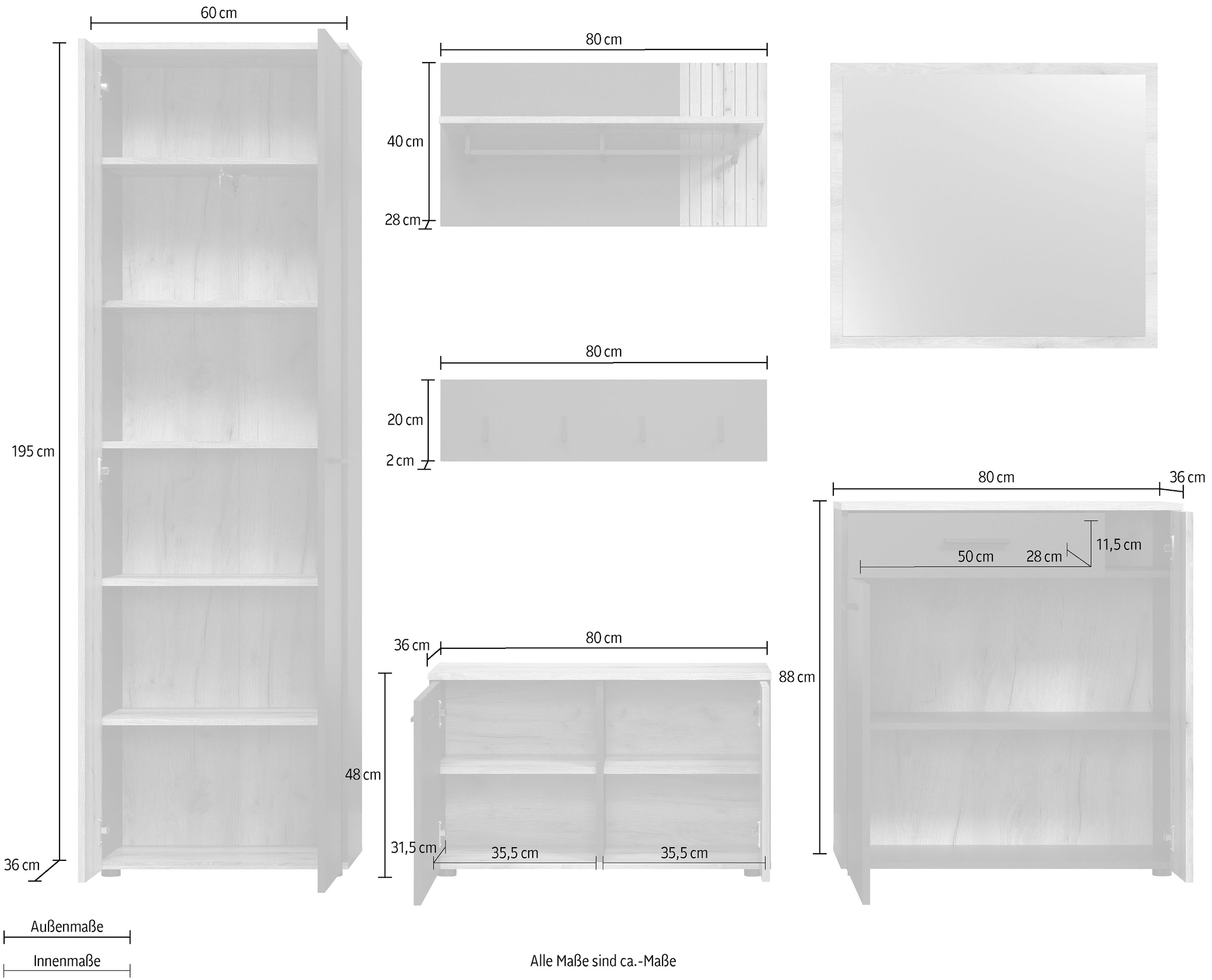 INOSIGN Garderoben-Set »Esteban«, (Komplett-Set, 6 St.), Garderobenmöbel mit Rillenoptik - Maße (B/T/H) 250/36/195 cm