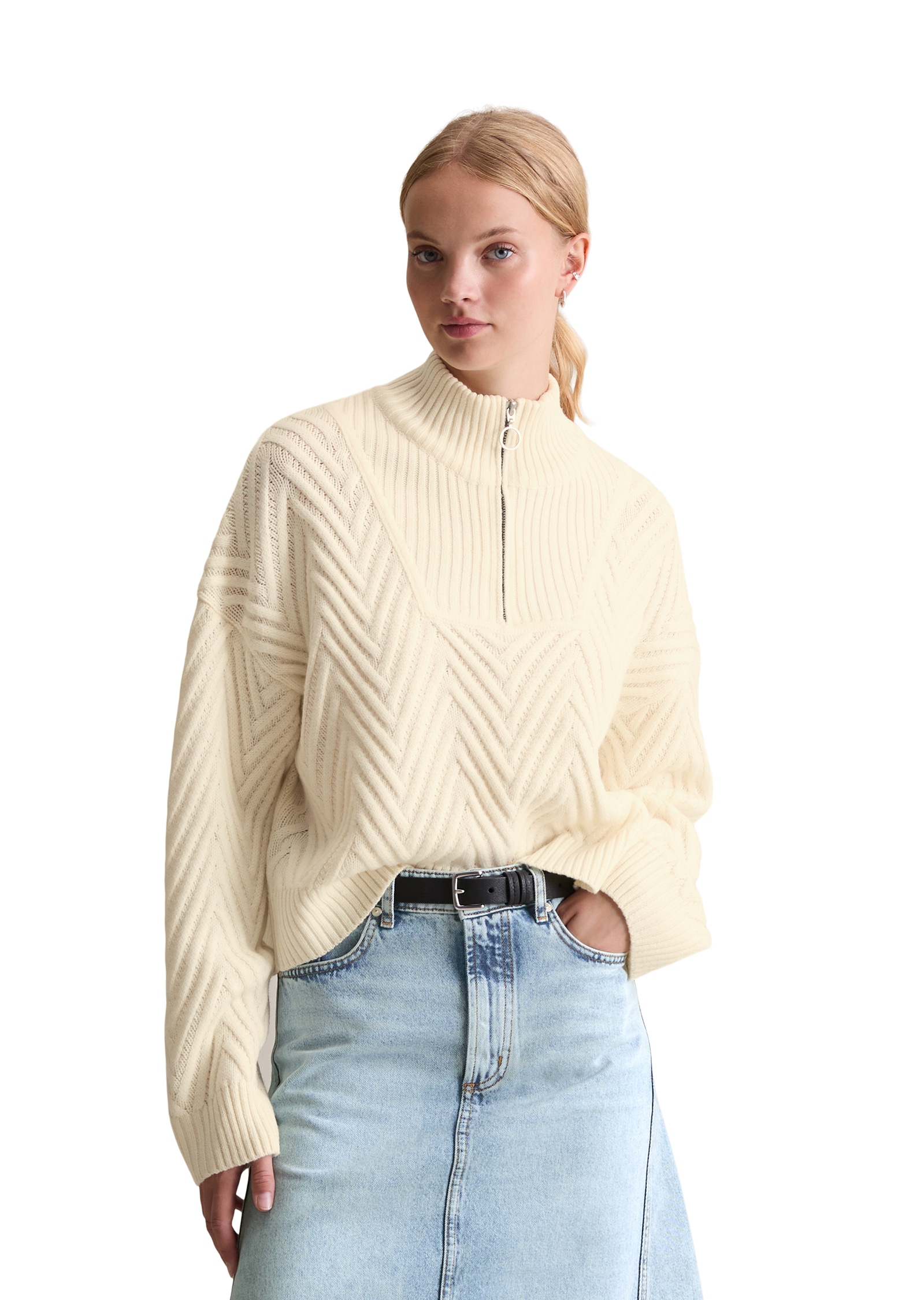 Marc OPolo DENIM Troyer relaxed fit aus weichem Schurwolle-Mix, 3D-Zickzack-Design