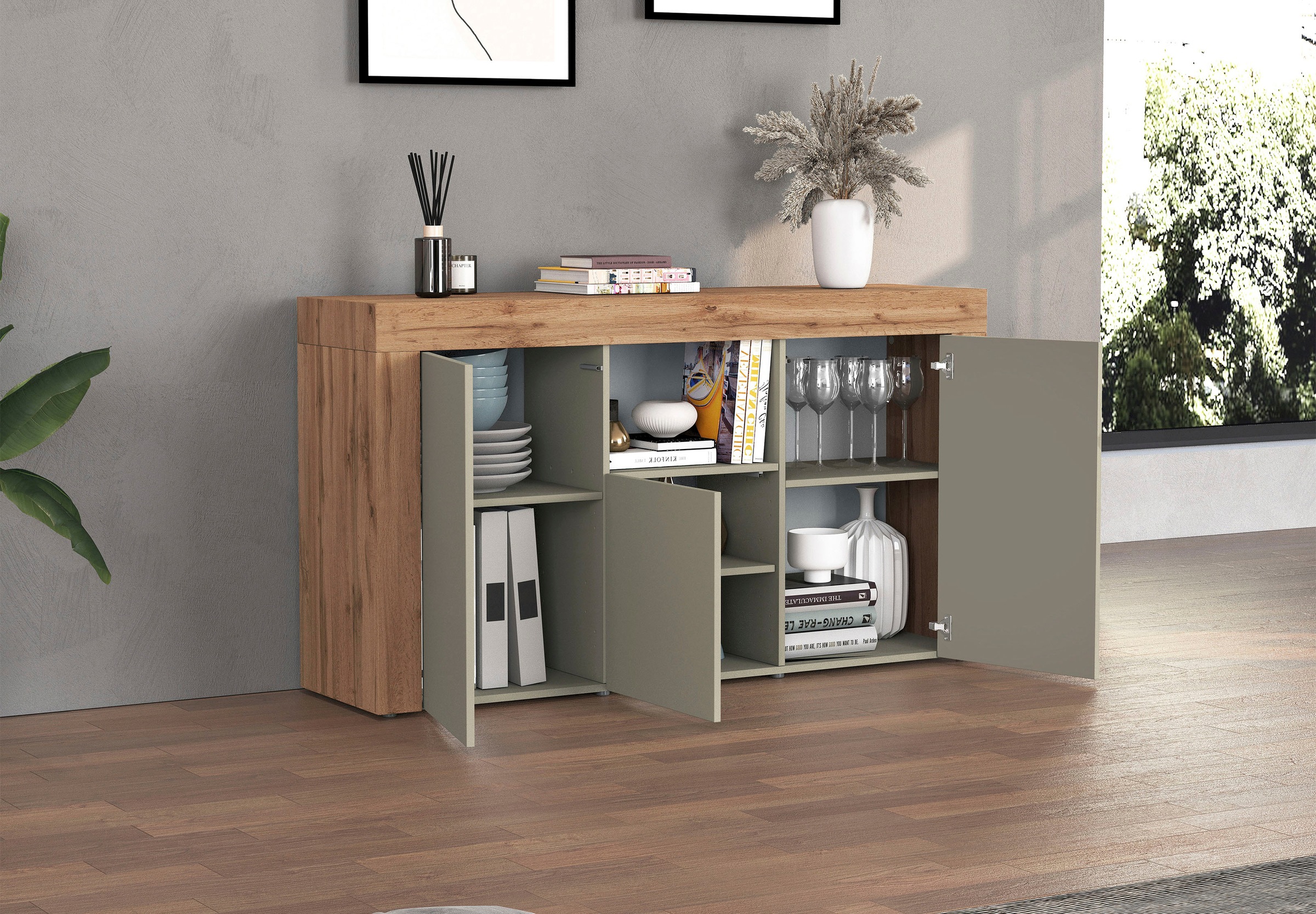 INOSIGN Sideboard »CHRONOS Breite 155 cm mit 3 Türen, 1 offenes und 6 geschlossene Fächer«, (1 St.), Sideboard,Kommode, Schrank, Grifflos mit Push to Open, Made in Italy