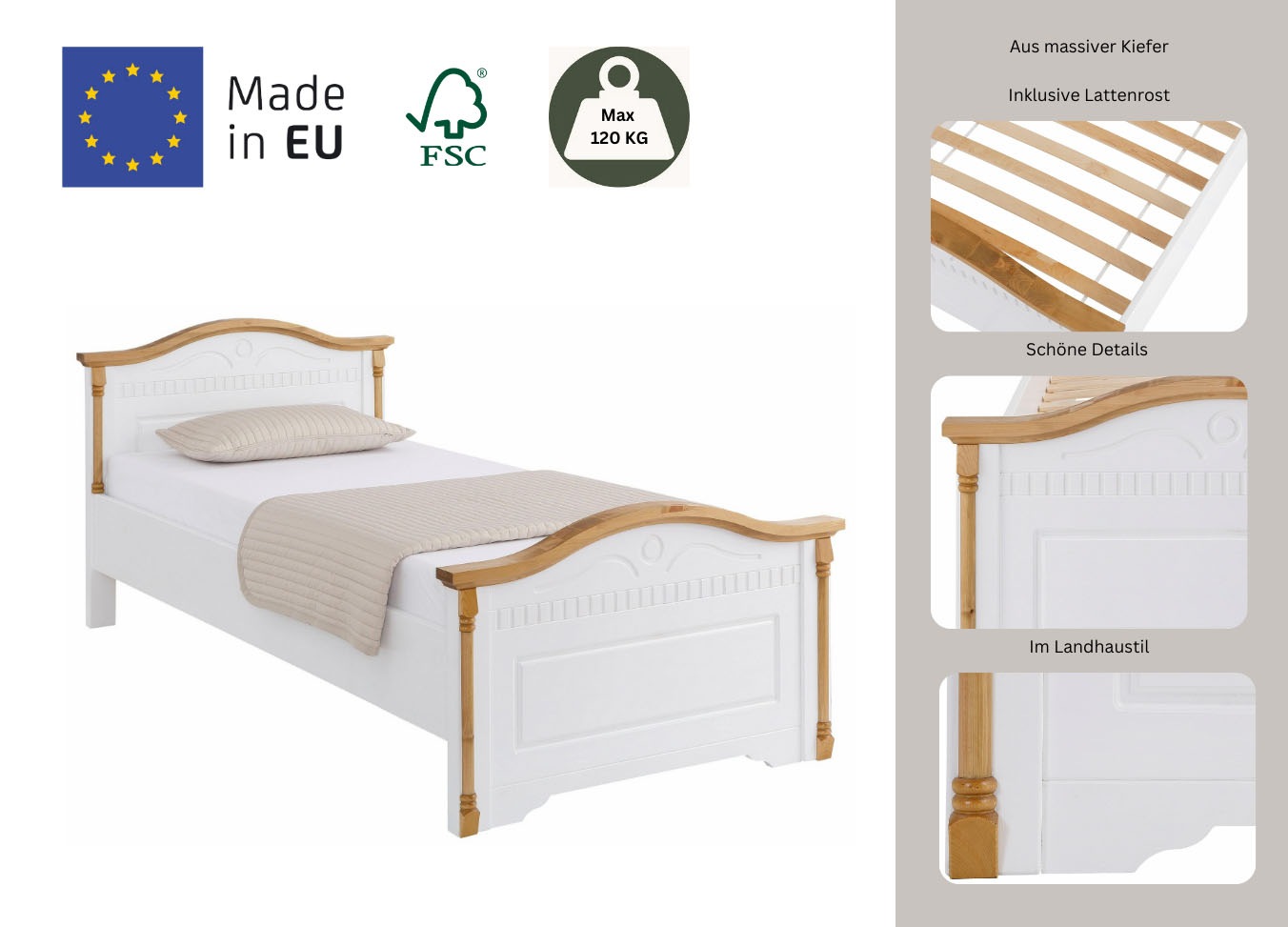 Home affaire Massivholzbett »Graz, hohe Belastbarkeit, klassischer Landhausstil, FSC® zertifiziert«, (Breite/Belastbarkeit 180cm/220 KG, 90cm/=120KG), mit dekorativen Fräsungen, inklusive Lattenrost