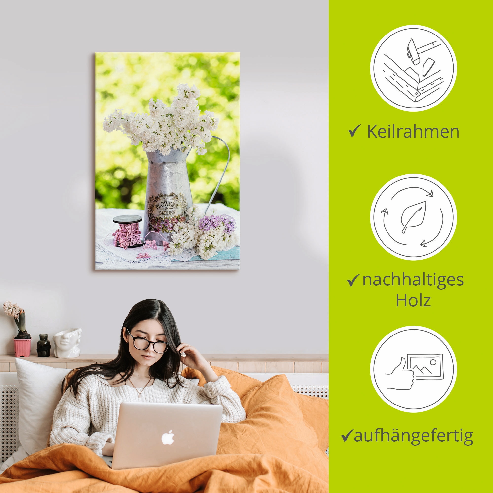 Artland Wandbild »Flieder und Shabby Chic Stillleben«, Blumen, (1 St.), als Alubild, Outdoorbild, Leinwandbild, Poster, Wandaufkleber