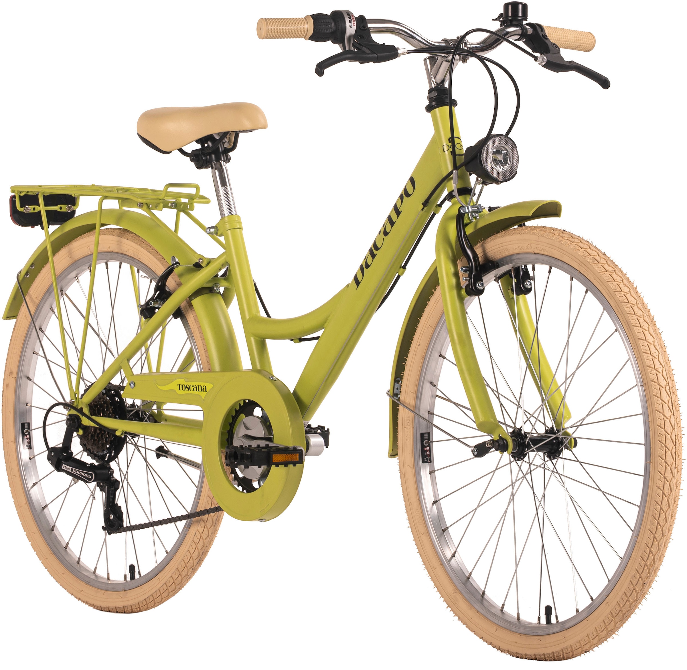 Dacapo Kinderfahrrad »Kinderfahrrad 24'' Toscana grün 6 Gänge RH 41 cm«, 6 Gang, Shimano, Tourney Schaltwerk, Kettenschaltung
