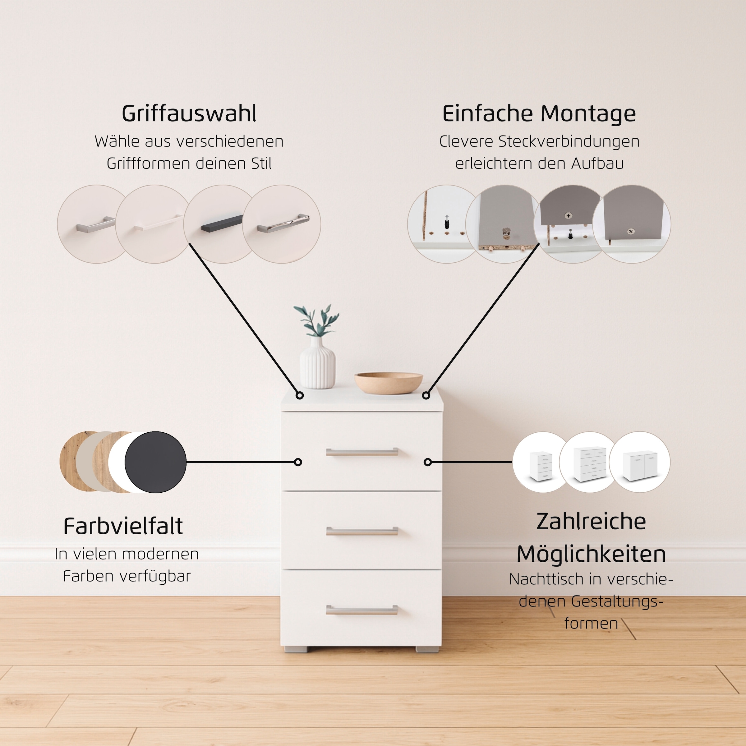 rauch Nachtkommode »Gamma« Breite 40 cm / Höhe 61 cm, verschiedene Griffvarianten/-Farben,  mit 3 geräumigen Schubladen MADE IN GERMANY