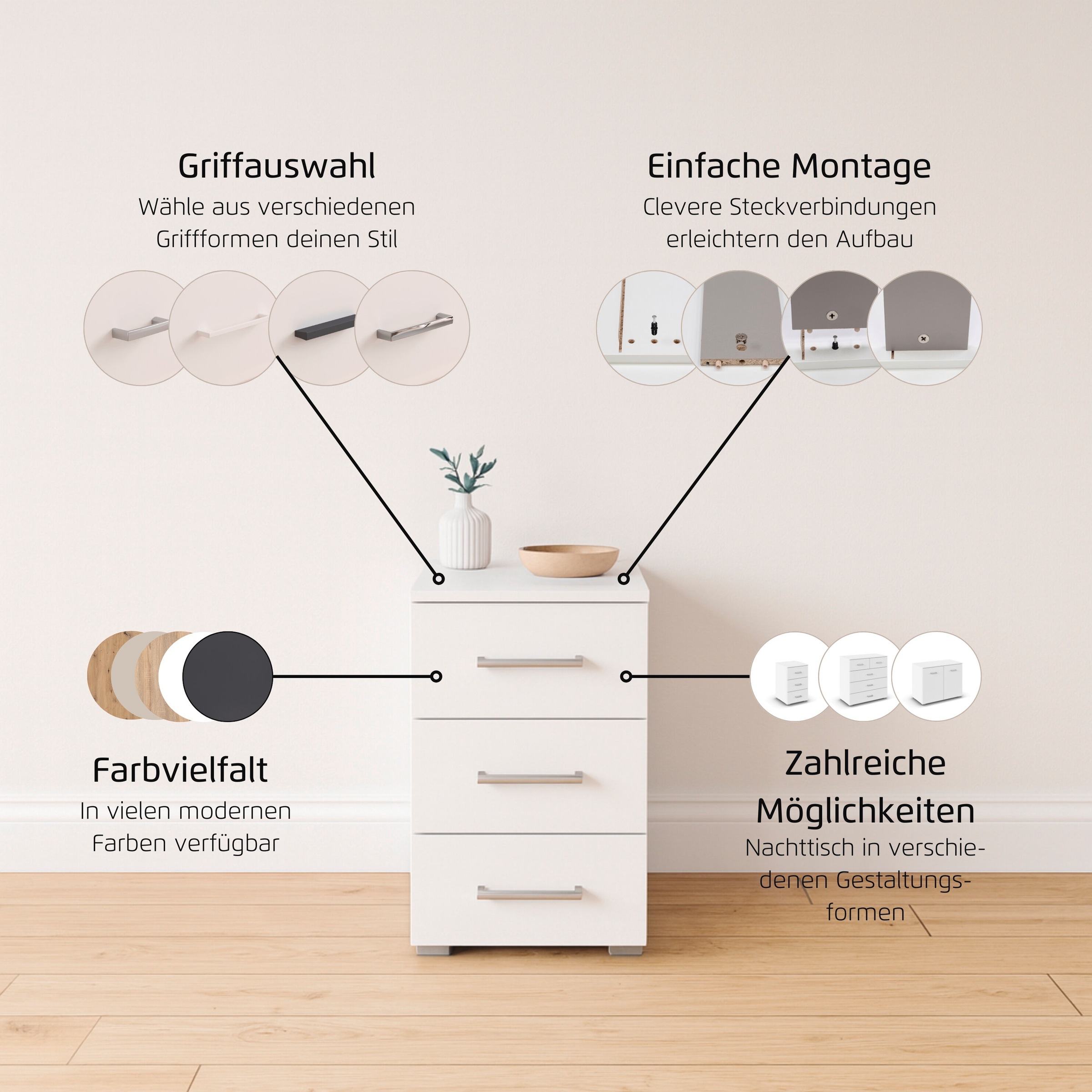 Thumbnail - rauch Nachtkommode "Gamma" Breite 40 cm / Höhe 61 cm, verschiedene Griffvarianten/-Farben, mit 3 geräumigen Schubladen M...