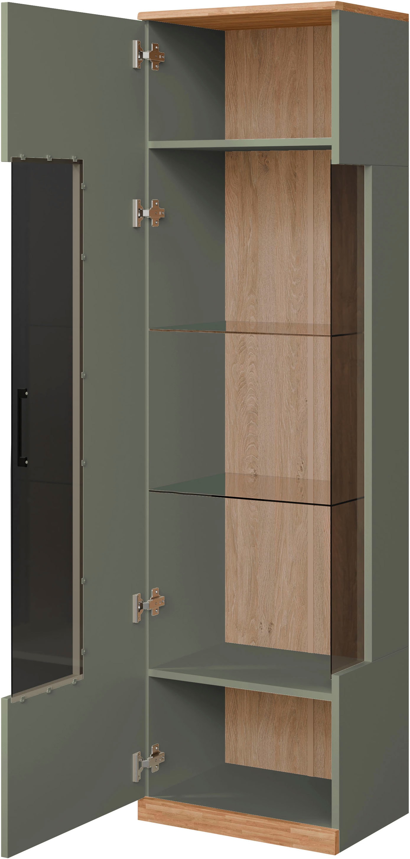 Home affaire Vitrine »Ribe,180cm hoch,5 Fächer,2 Glasböden variabel einsetzbar«, Oberplatte Eiche massiv,dunkles Glas, schwarze Metall Griffe