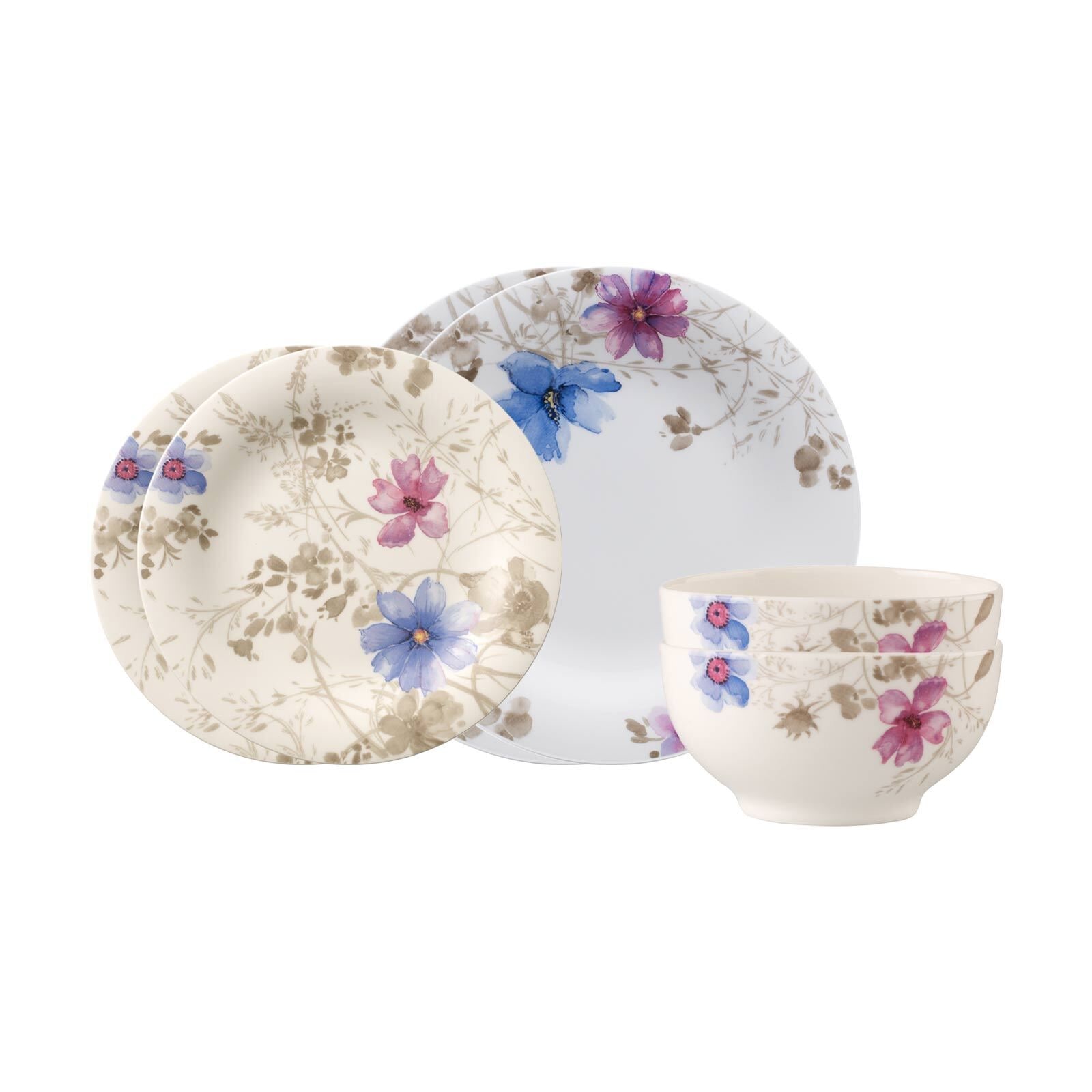 Villeroy & Boch Geschirr-Set "Basic-Set Mariefleur Gris Basic 6er Set bunt" Spülmaschinengeeignet, Mikrowellenfest