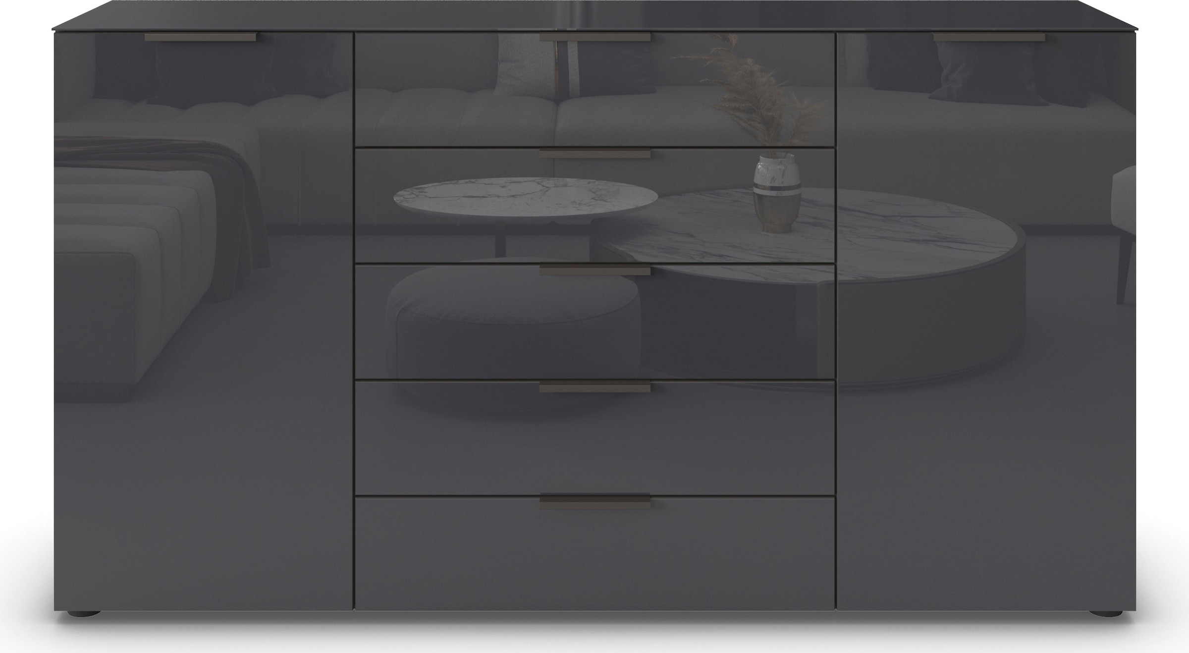 rauch Schubkastenkommode »Kommode Türkommode Sideboard Kombikommode FLIPP mit Glasfront«, (Breite 160/180 cm mit 4 Einlegeböden), 2-türig, 5 Schubladen, Soft-Close, Oberboden und Front Glas, 2 Breiten