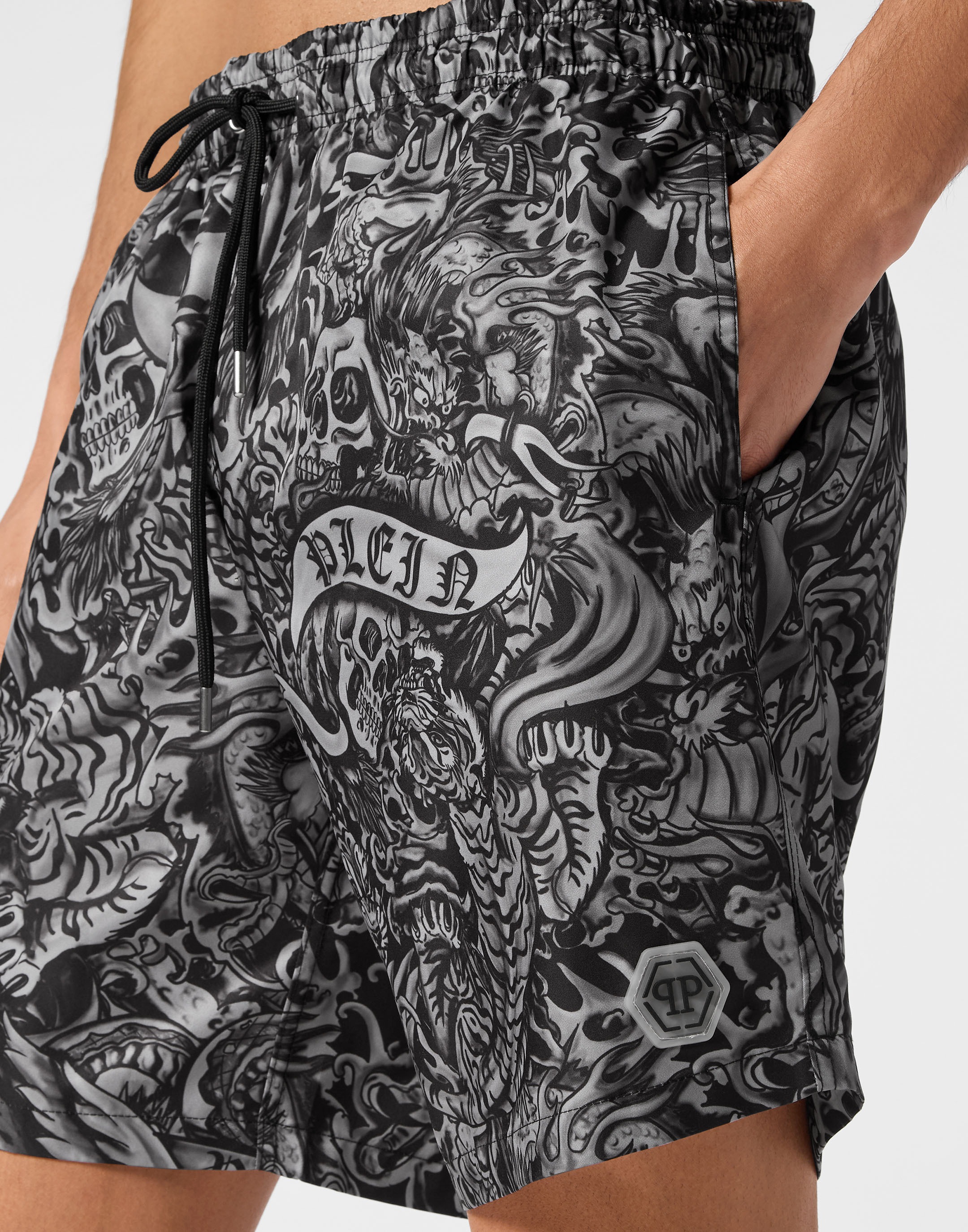 Badehose PHILIPP PLEIN "Tattoo", Herren, Gr. 4XL, US-Größen, 02, schwarz, Obermaterial: 100% Polyester, Badehosen Badehose 3