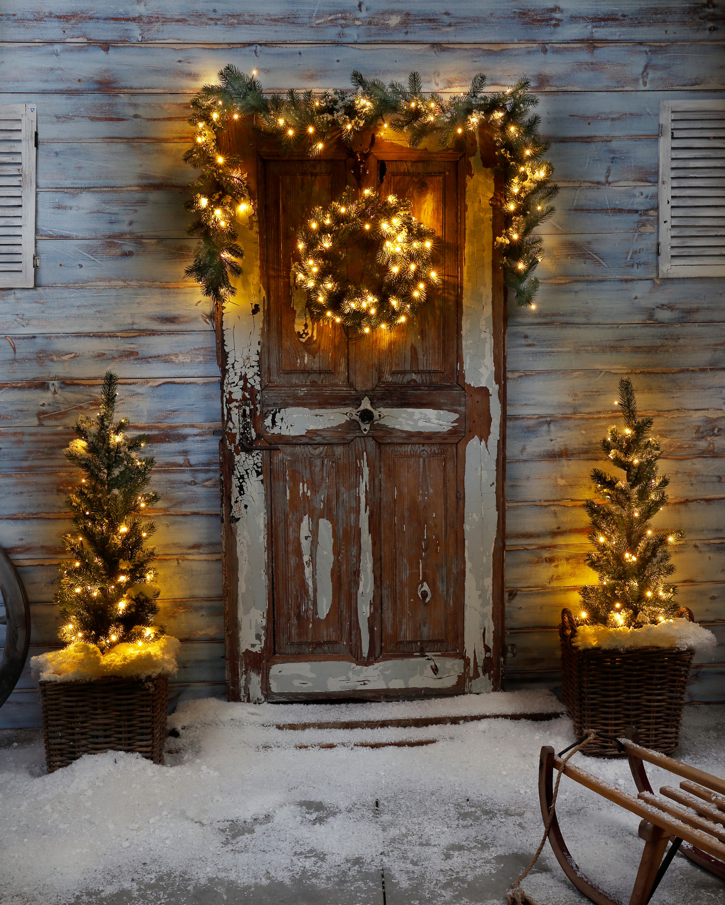 my home Winterliche Kunstpflanze »Bennet, 4-teiliges Weihnachts-Set mit LED Beleuchtung«, mit Girlande, Dekokranz und LED Bäumchen, Timerfunktion